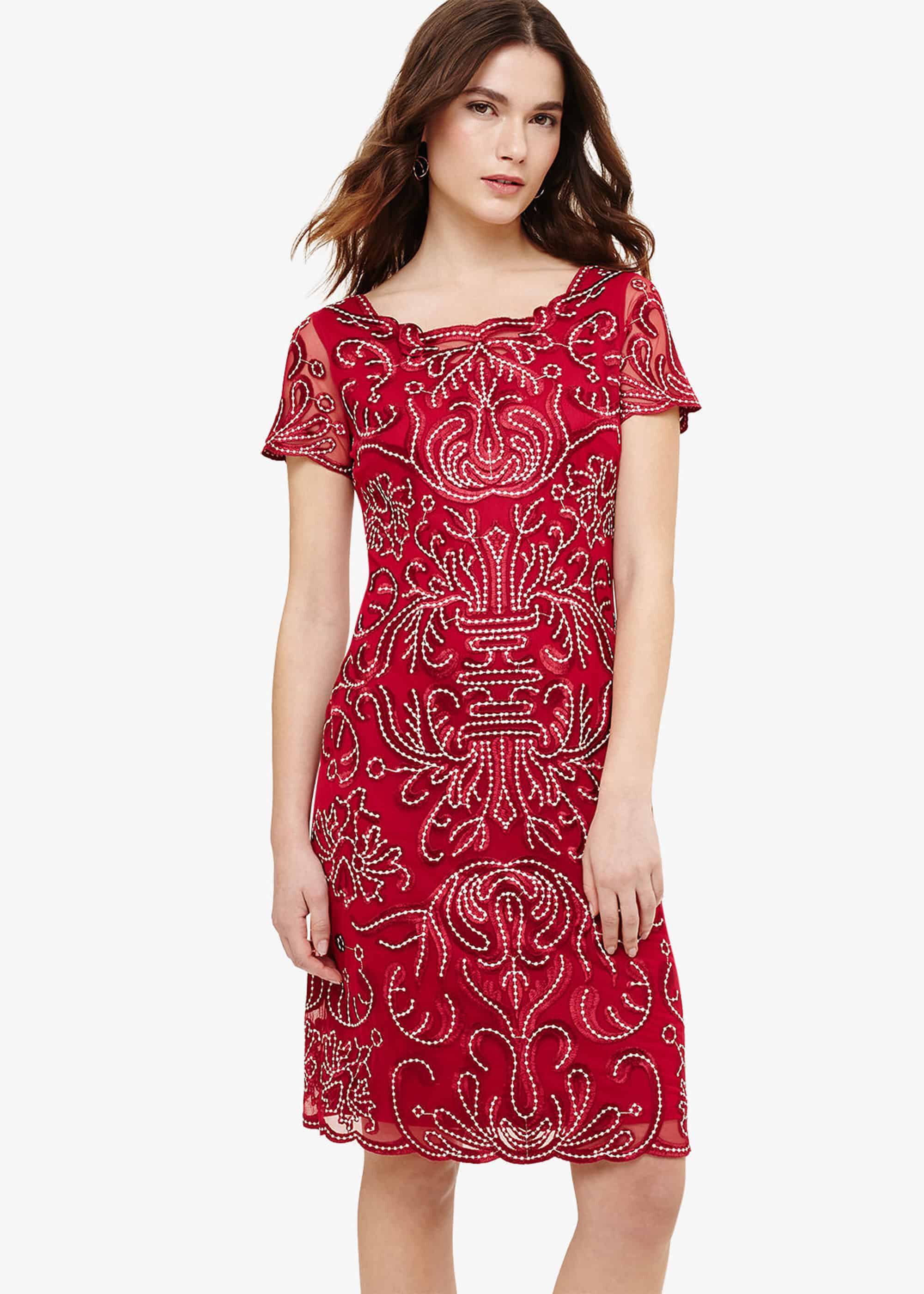 embroidered bardot dip hem dress