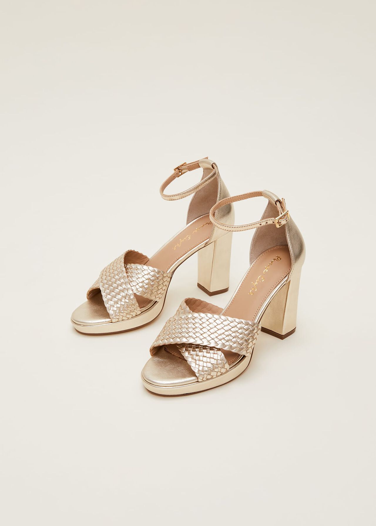 Gold open toe heels