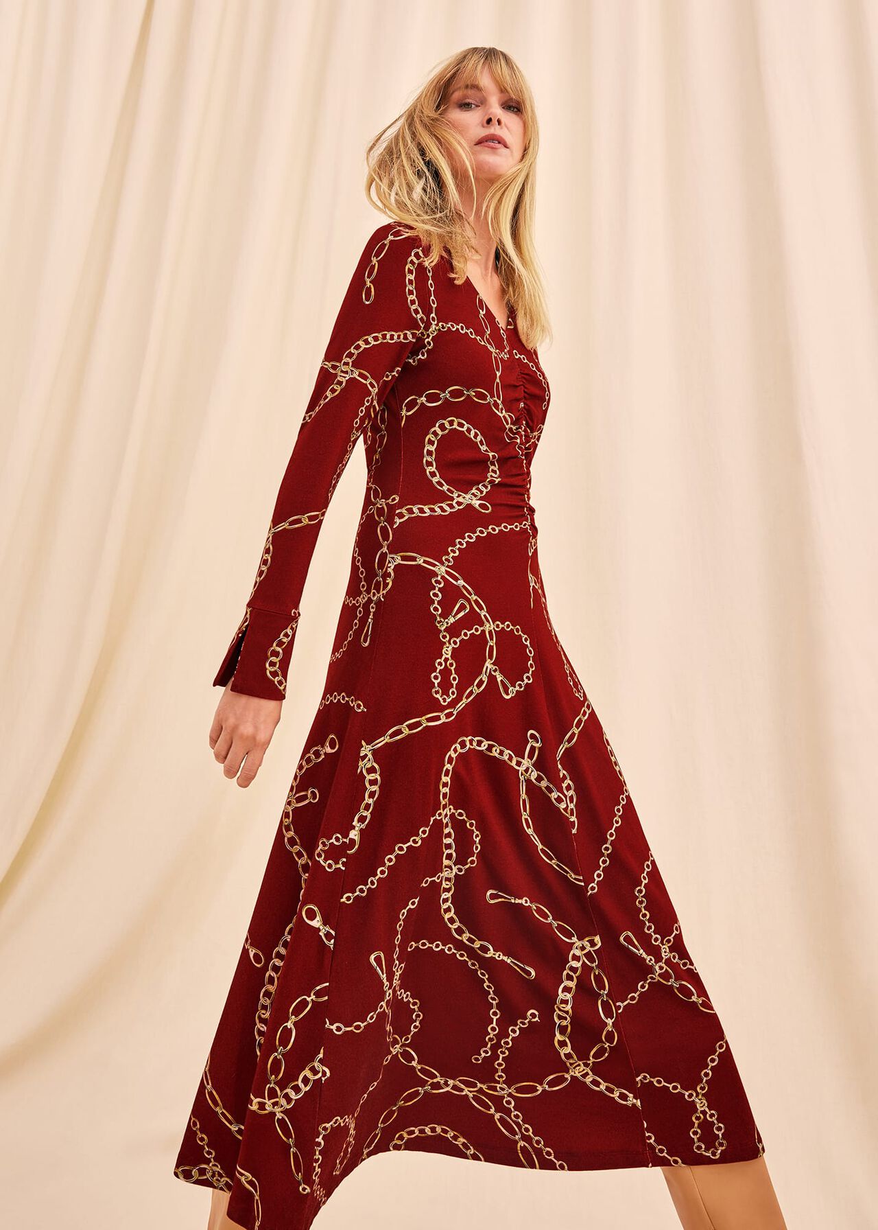Cheska Chain Print Ruched Midi Dress
