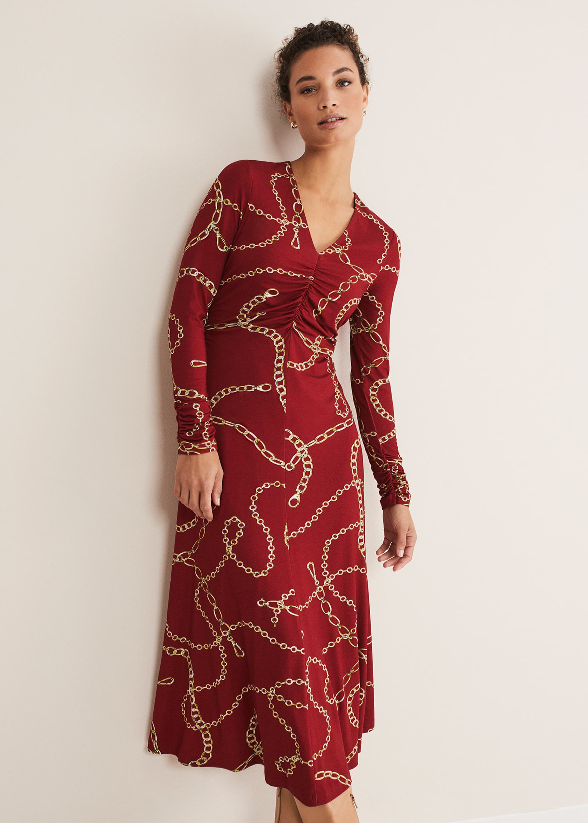 安心追跡【Phase Eight】Shakira フローラルミダクシードレス Cheska Chain Print Ruched Midi Dress | Phase Eight UK |