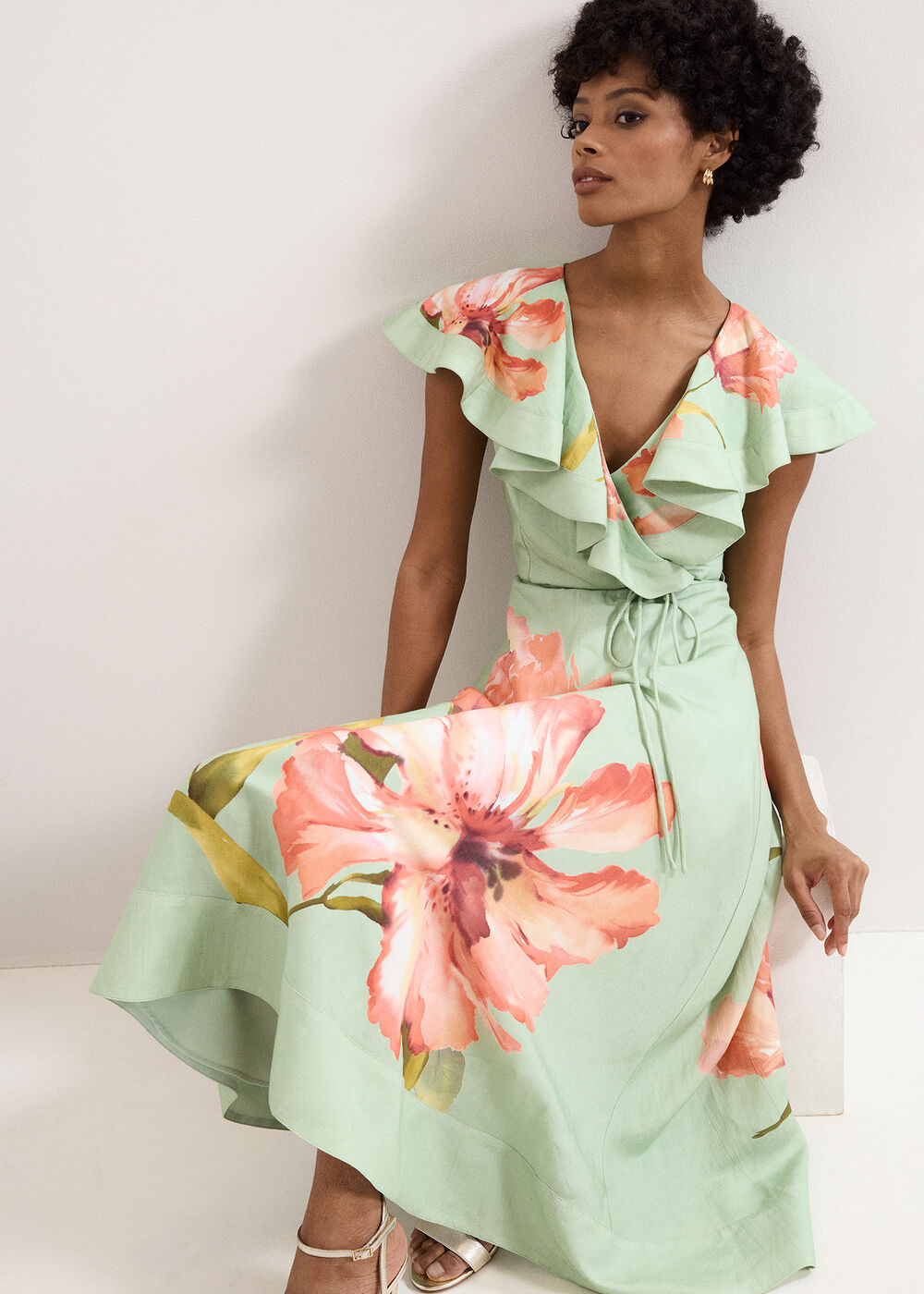 phase eight green floral dress Matilda Linen Ruffle Fabric_Metallic