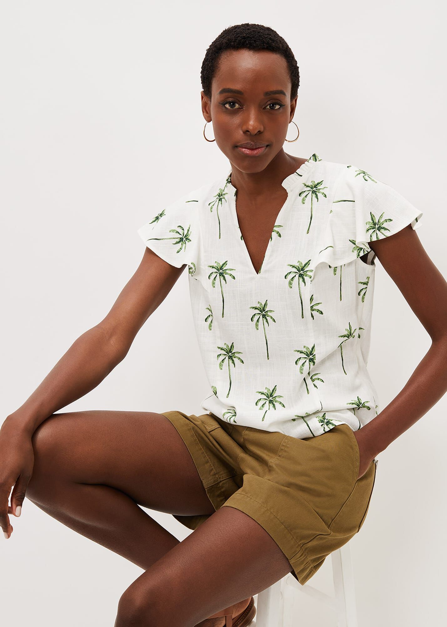 Ines Palm Print Frill Sleeve Blouse 