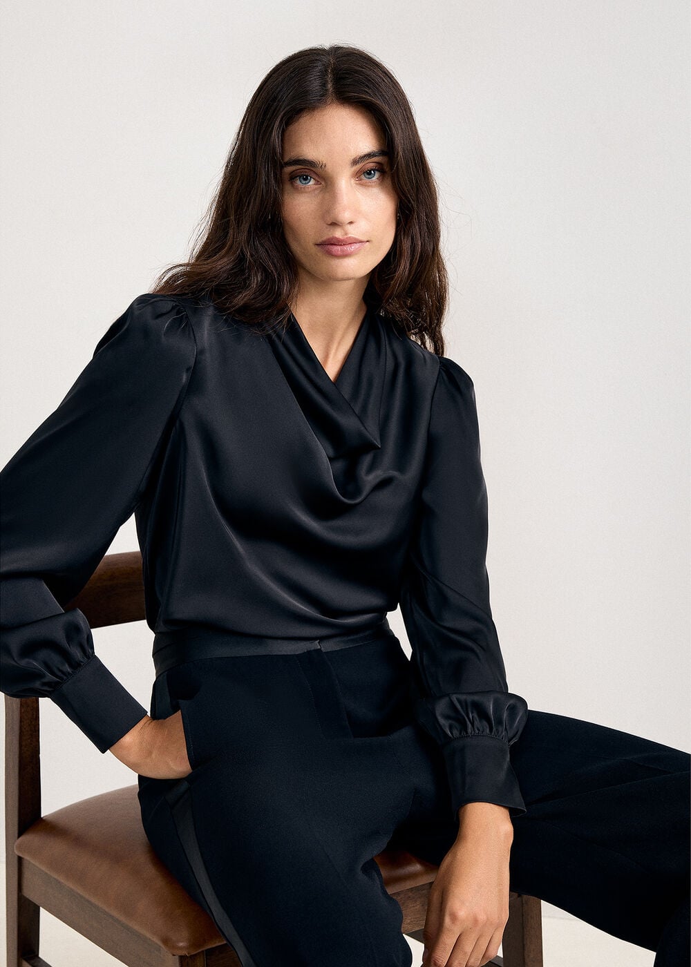 Naomi Cowl Neck Satin Long Sleeve Top