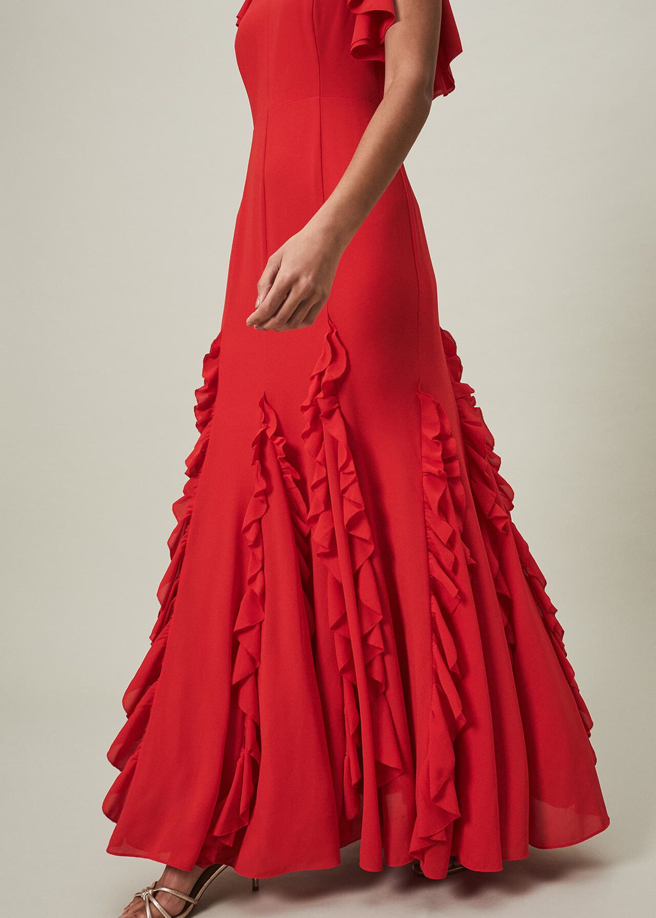 Scarlet Red Maxi Dress with Ruffled Sleeves & Skirt, Phase Eight