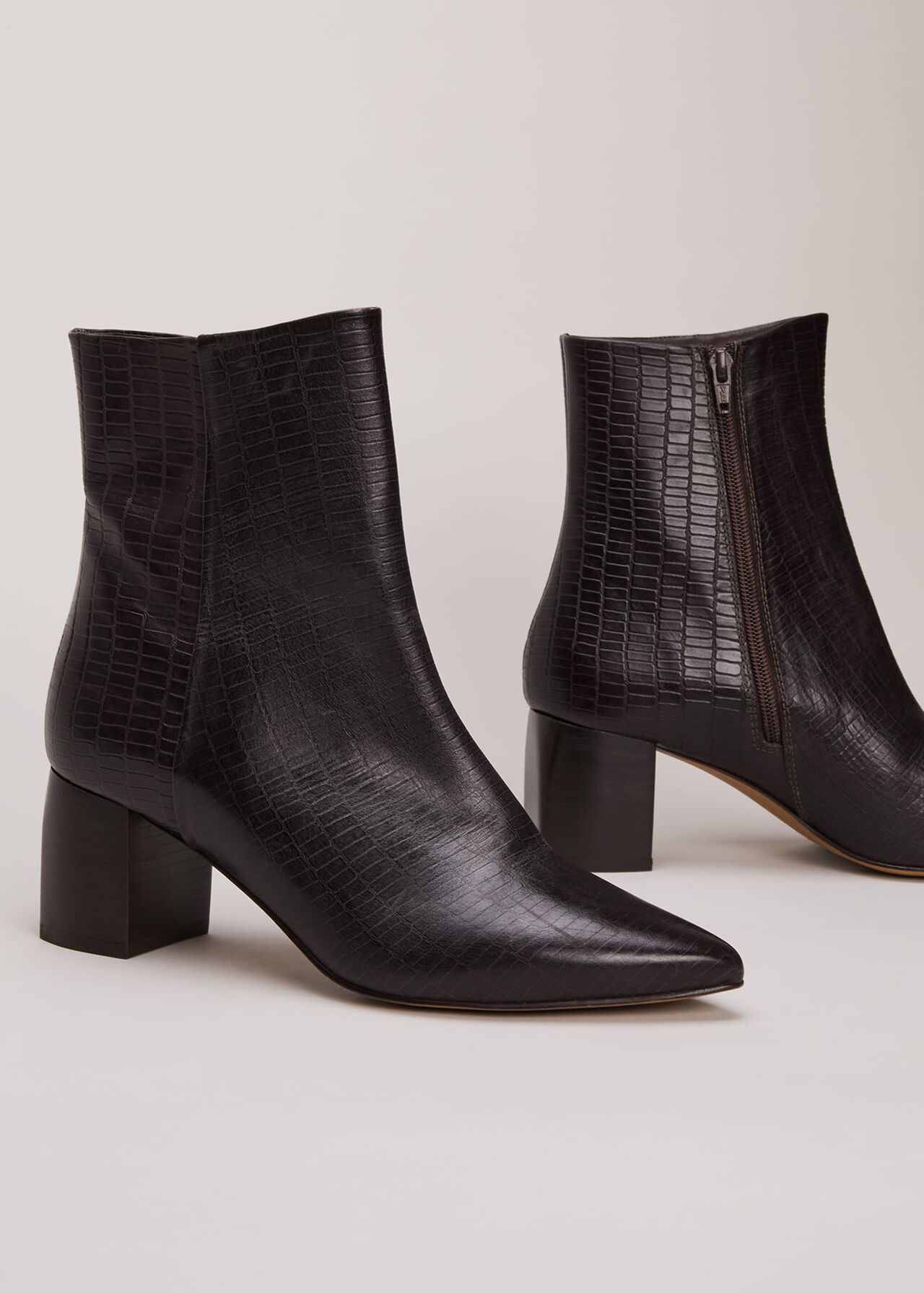 Black Leather Croc Print Ankle Boots