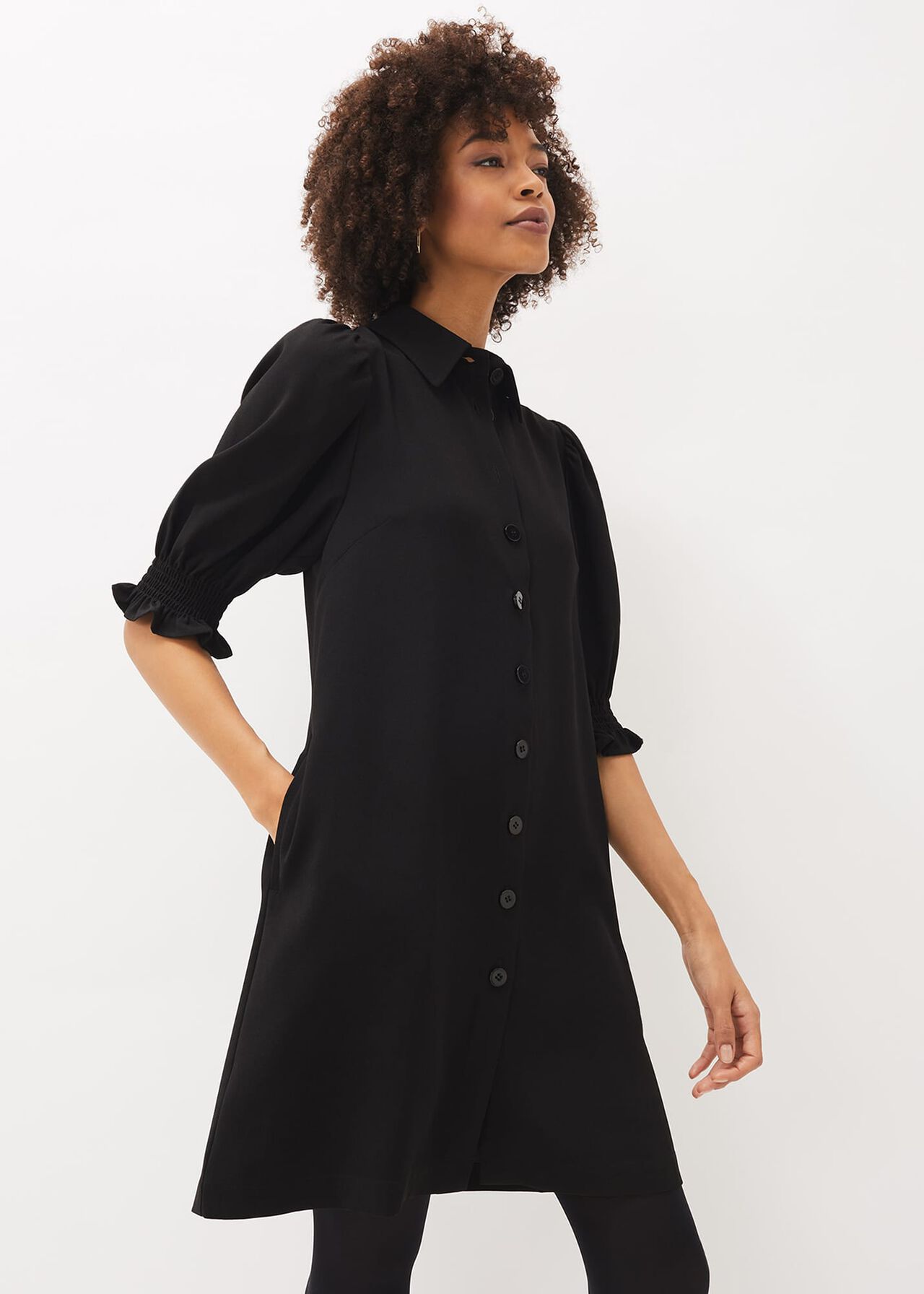 Button Down Puff Sleeve Midi Dress in Black | Phase Eight | Phase Eight ...