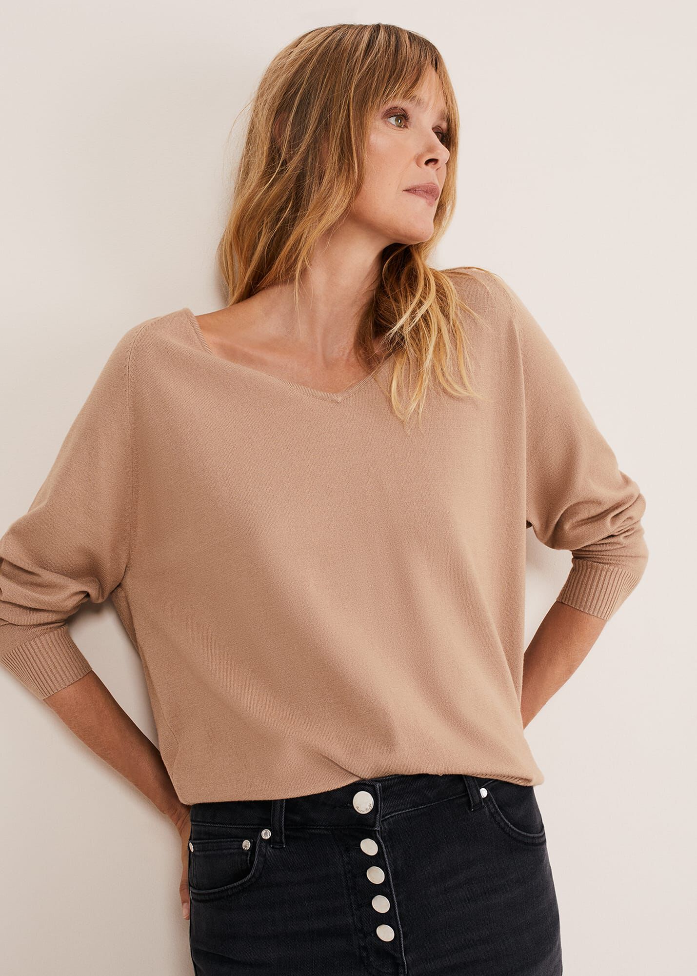 Camel fine knit jumper on sale