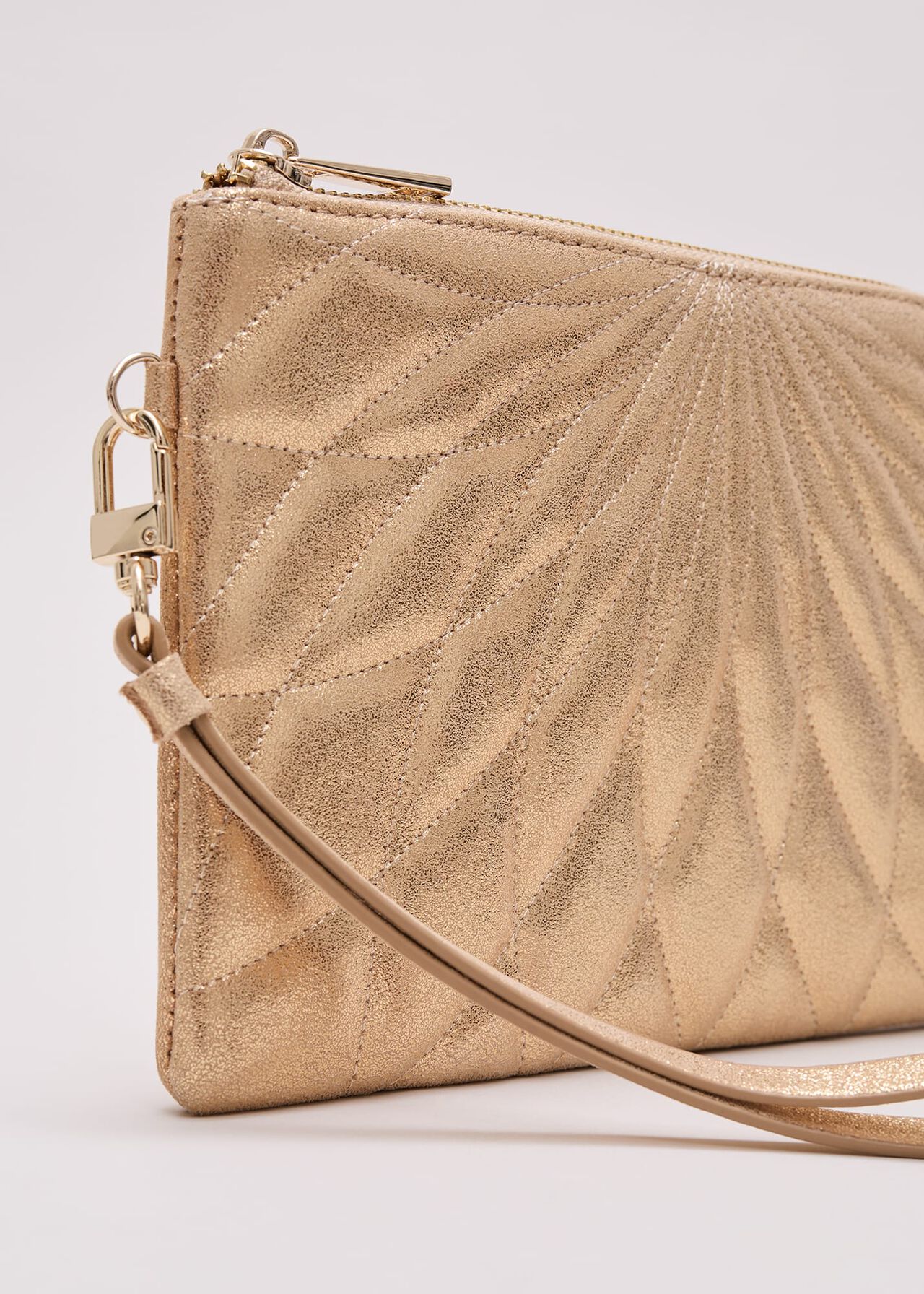 Gold Leather Crossover Stitch Clutch Bag