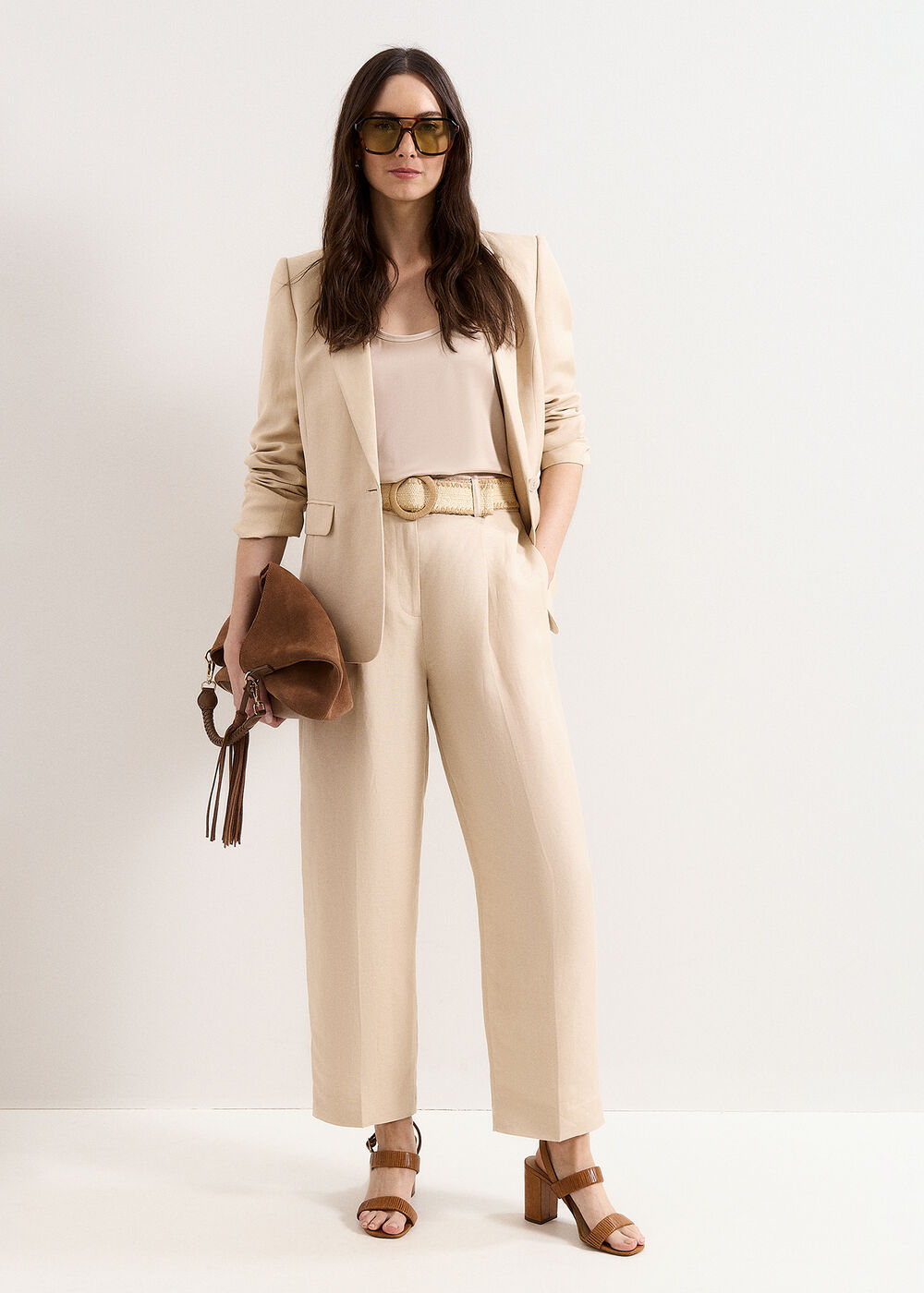 Elena Belted Tapered Linen Blend Trouser