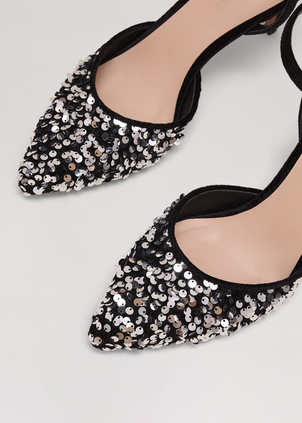 Velvet & Sequin Pointed Ankle Strap Shoe