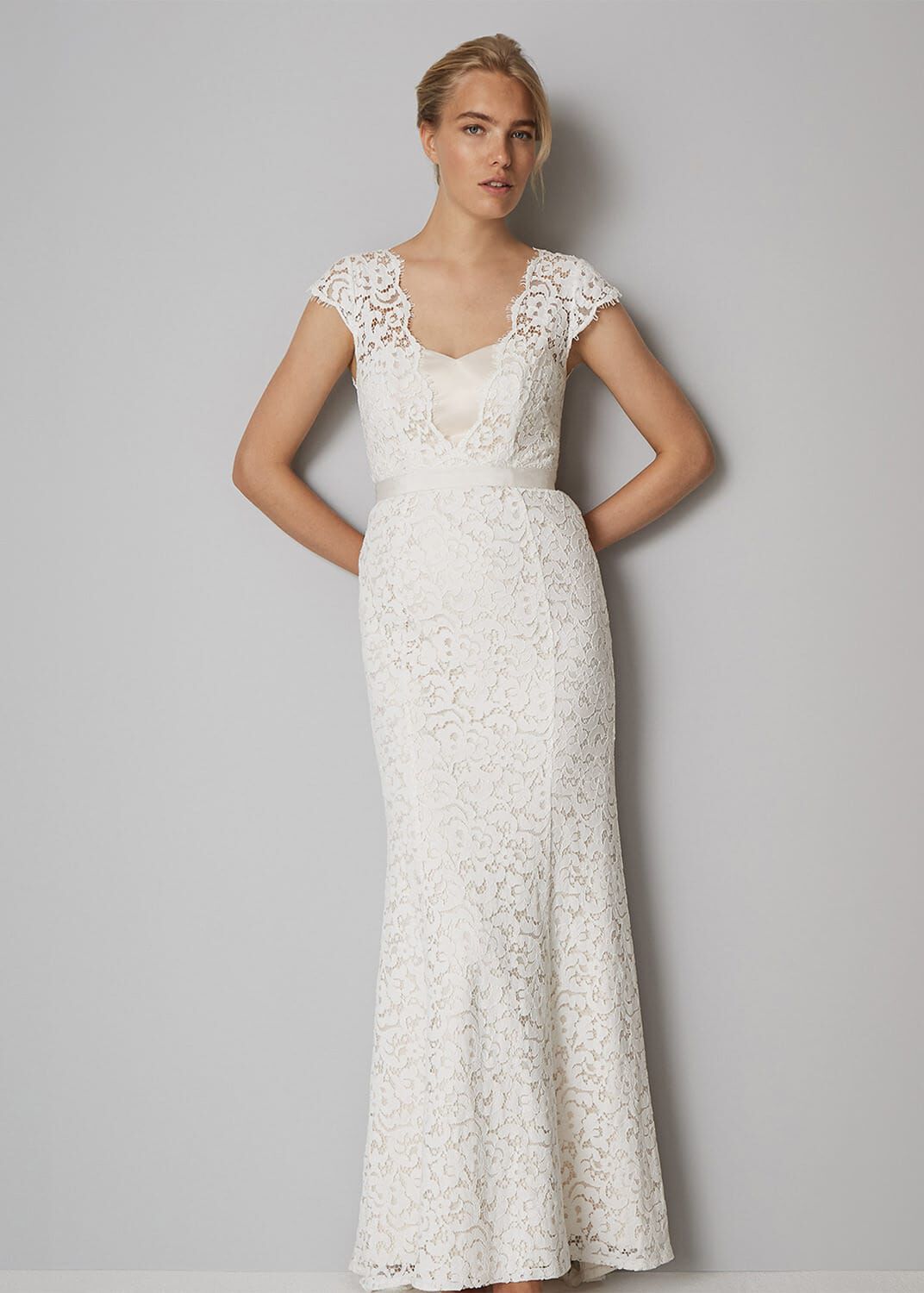 one by eight short sleeve lace evening gown