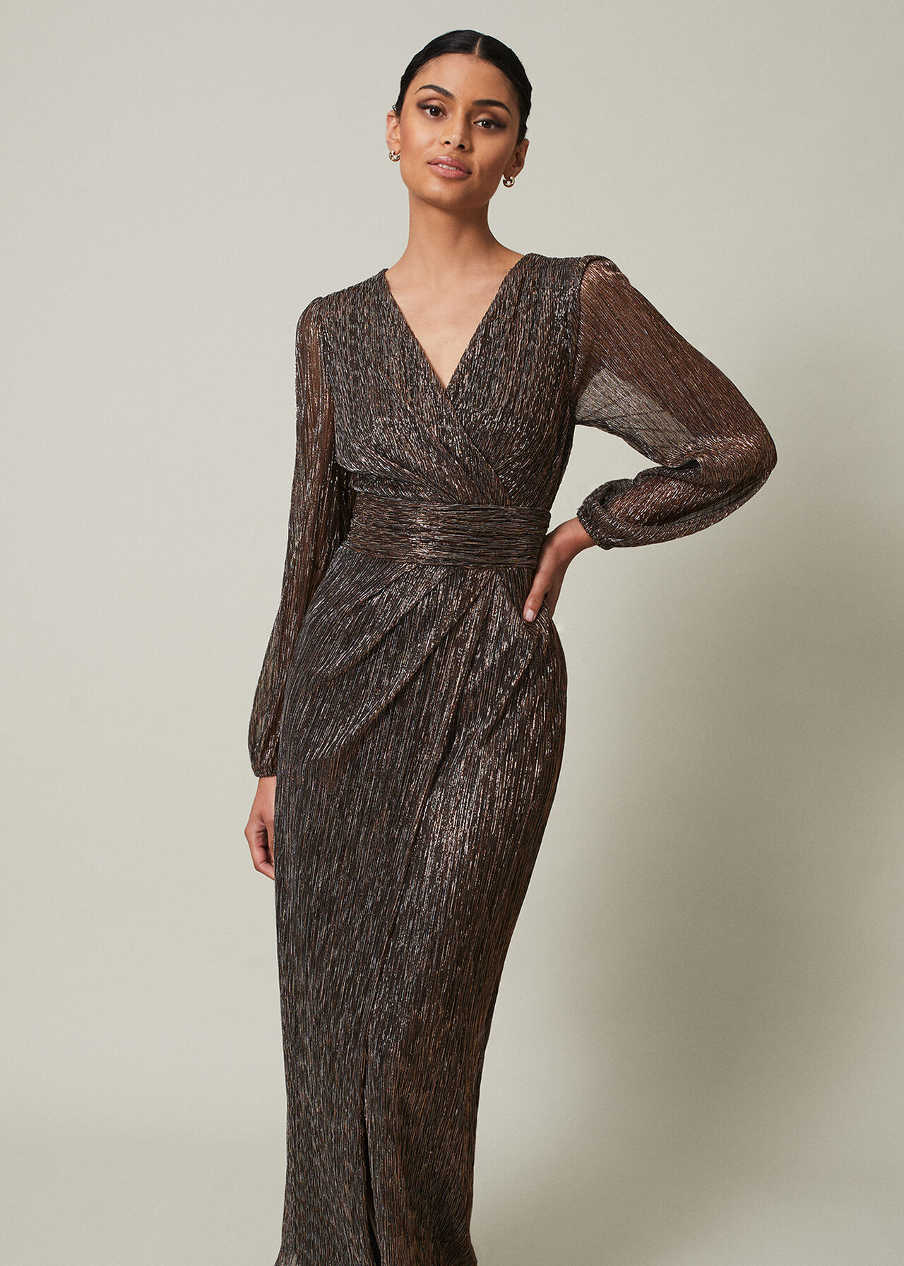 Bronze Metallic Long Sleeve Maxi Dress With Front Split | Phase Eight ...