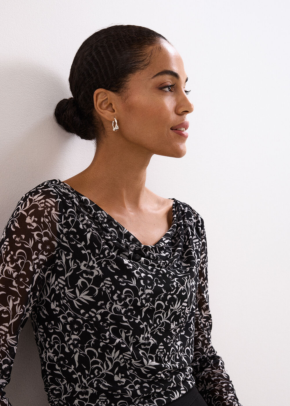Tammy Printed Cowl Neck Mesh Top