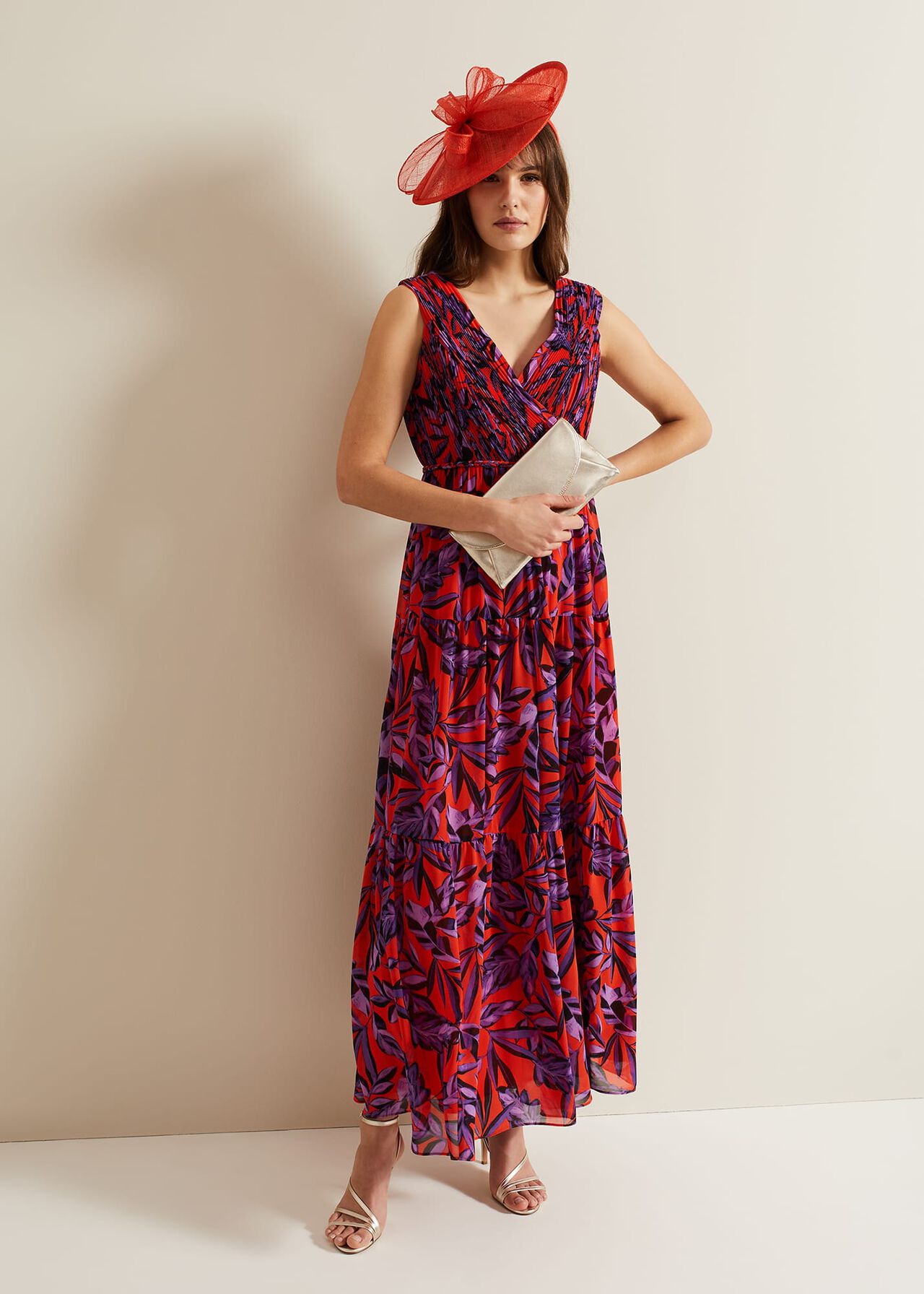 Athena Leaf Print Pleated Maxi Dress