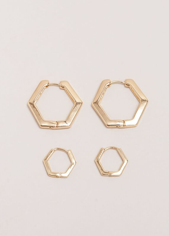 Gold Hexagon Hoop Earrings Set
