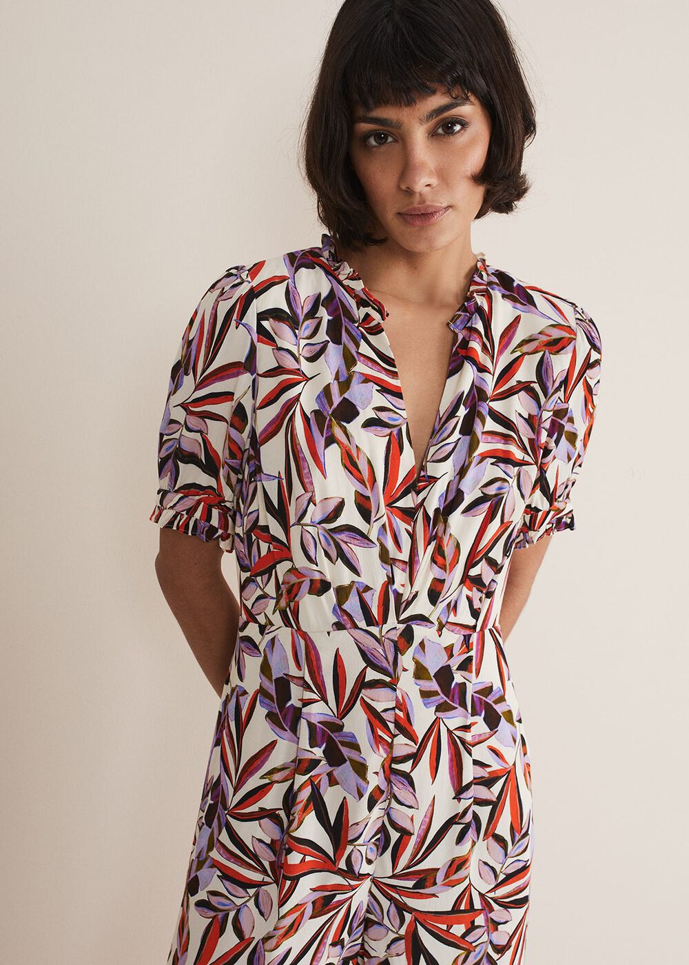 Astrid Leaf Print Cropped Wide Leg Jumpsuit