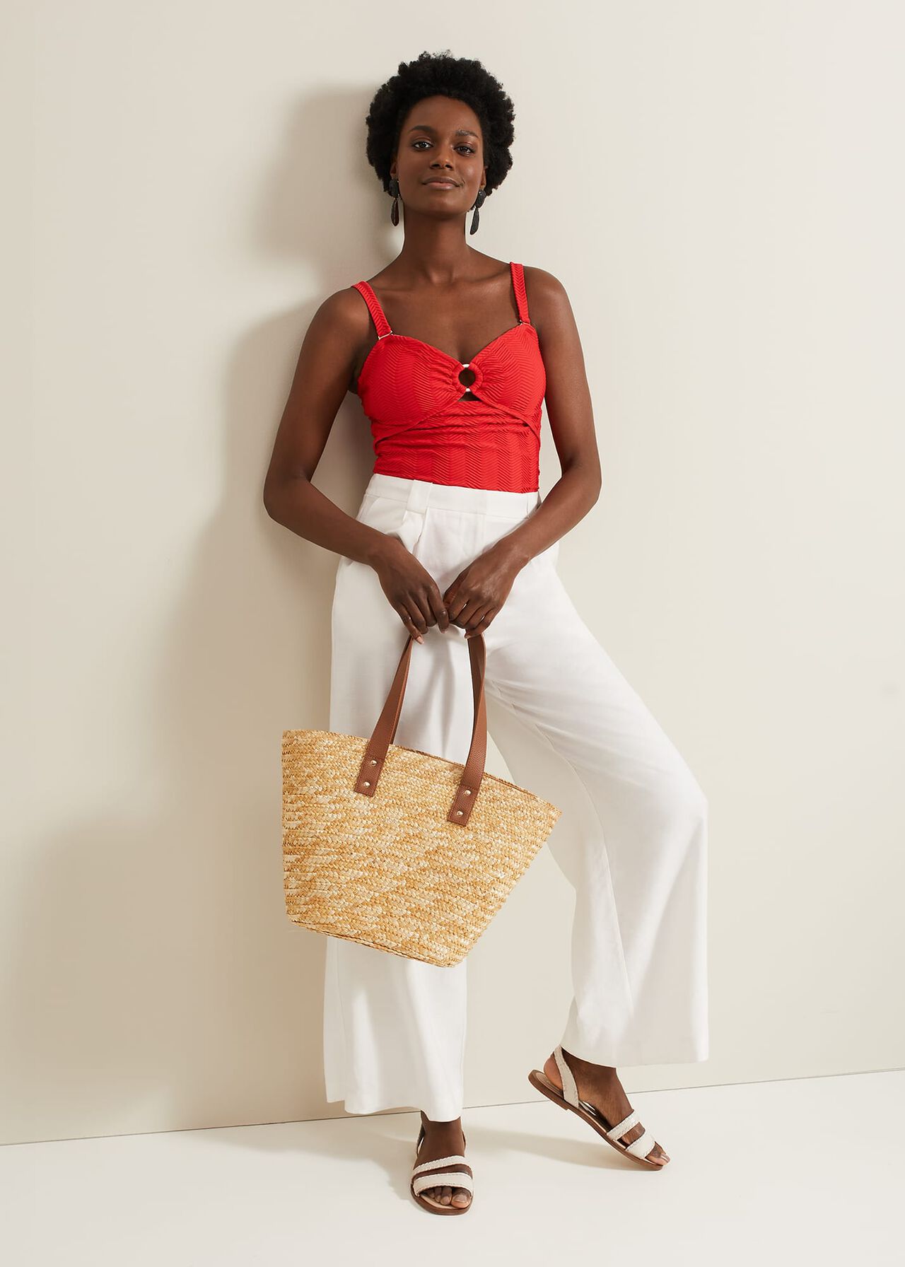 Textured Plain Ring Detail Swimsuit