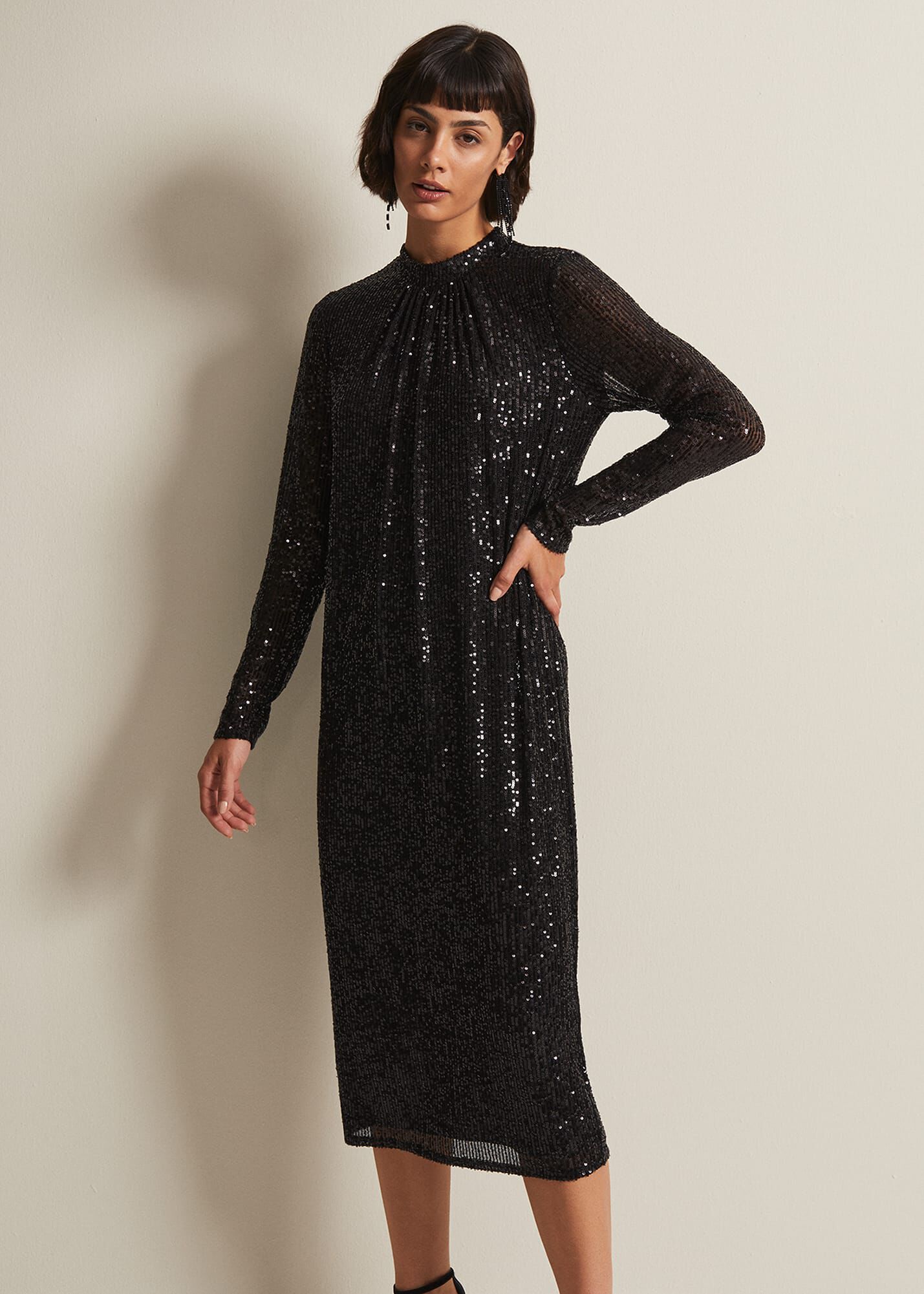 Black sequin cheap midi dress