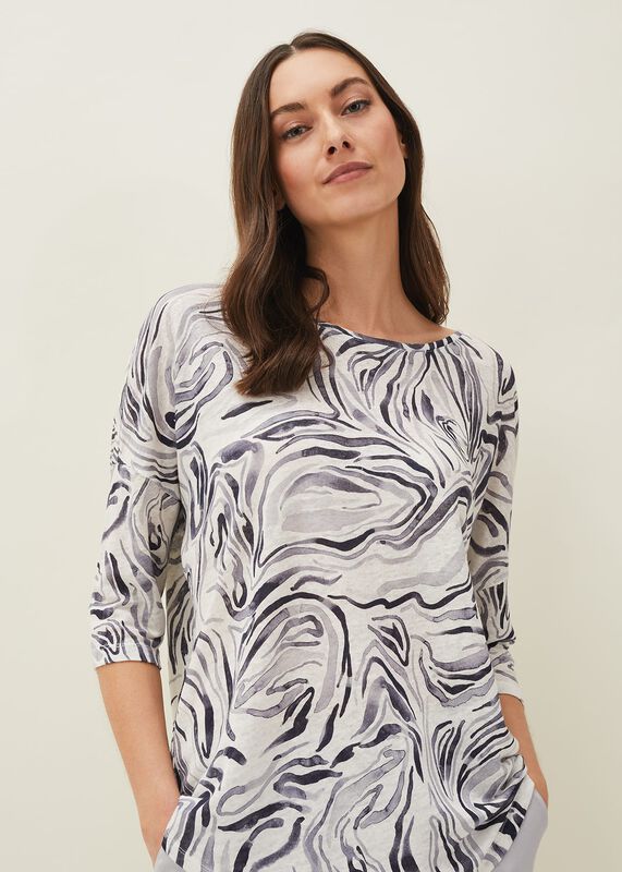 Moire Swirl Print Linen Top
