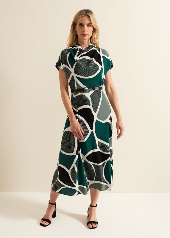Zaynab Green Swirl Cowl Neck Midi Dress
