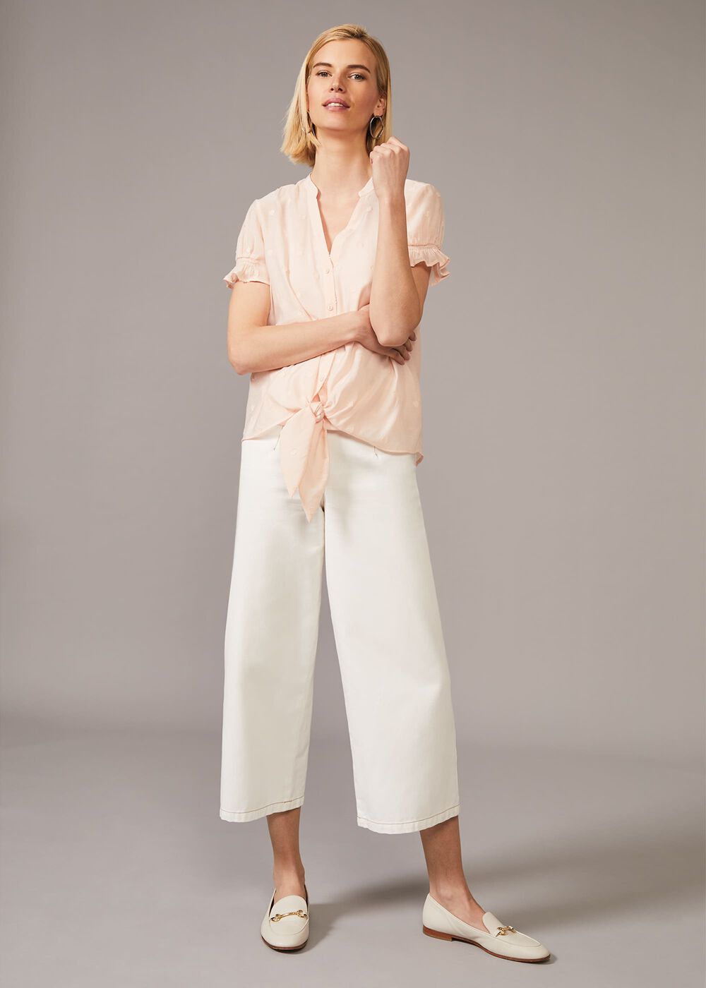 Spot Jacquard Tie Waist Blouse
