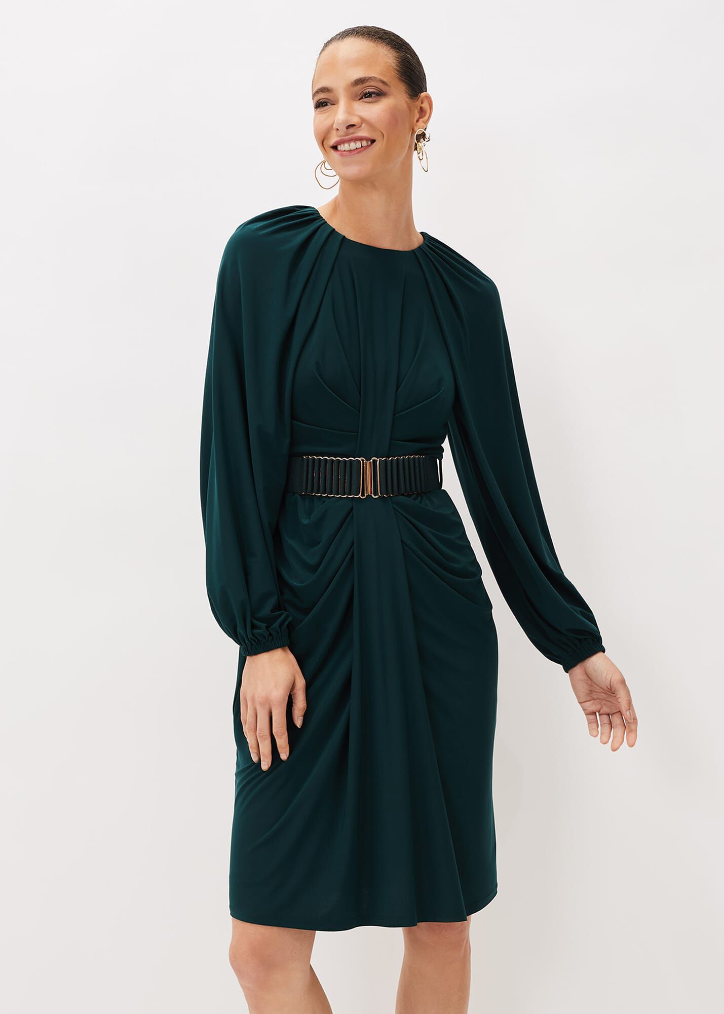 Mya Ruched Belted Jersey Dress