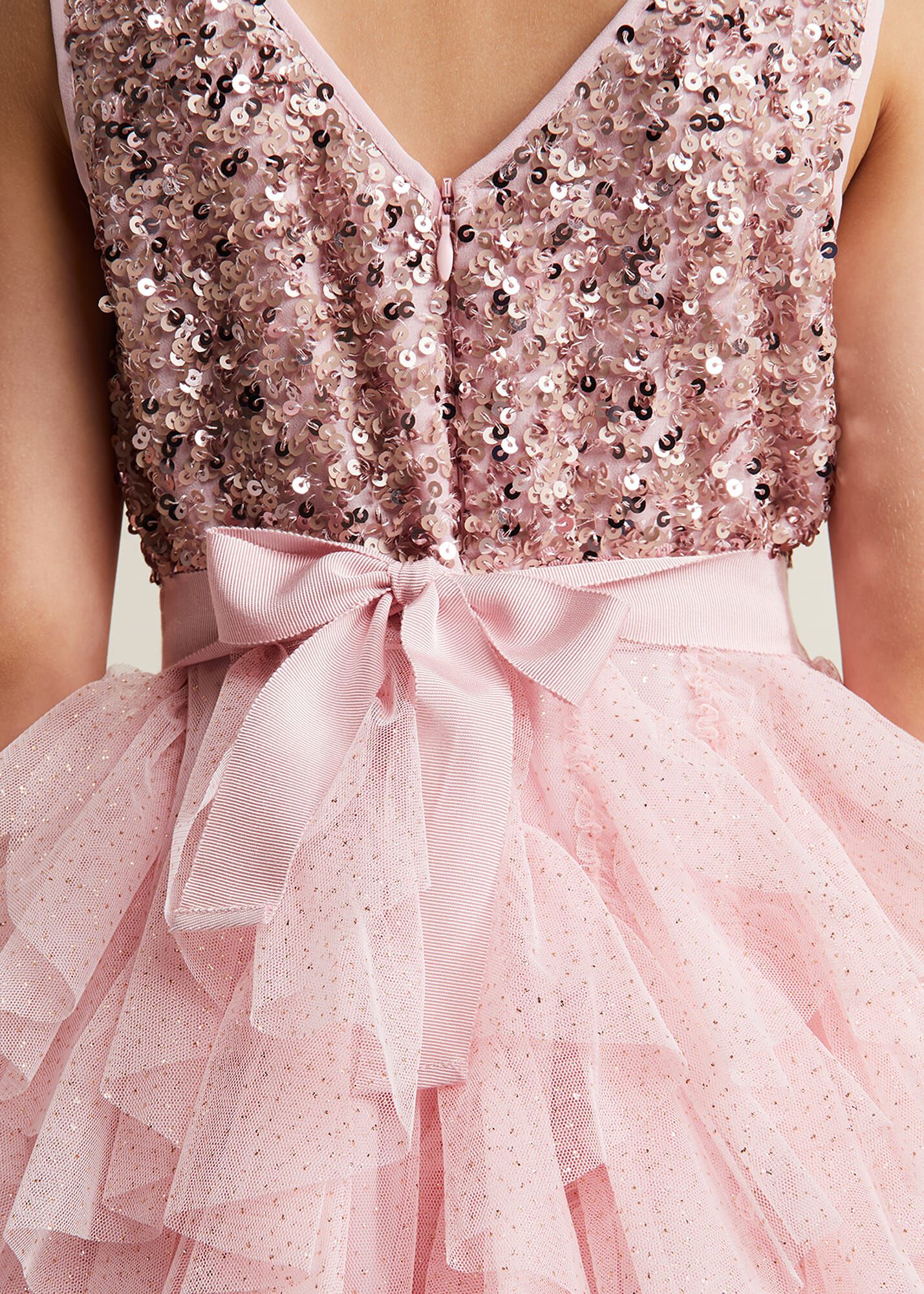 Mesh Flower Print Sequins Ruffle Dress-Pink