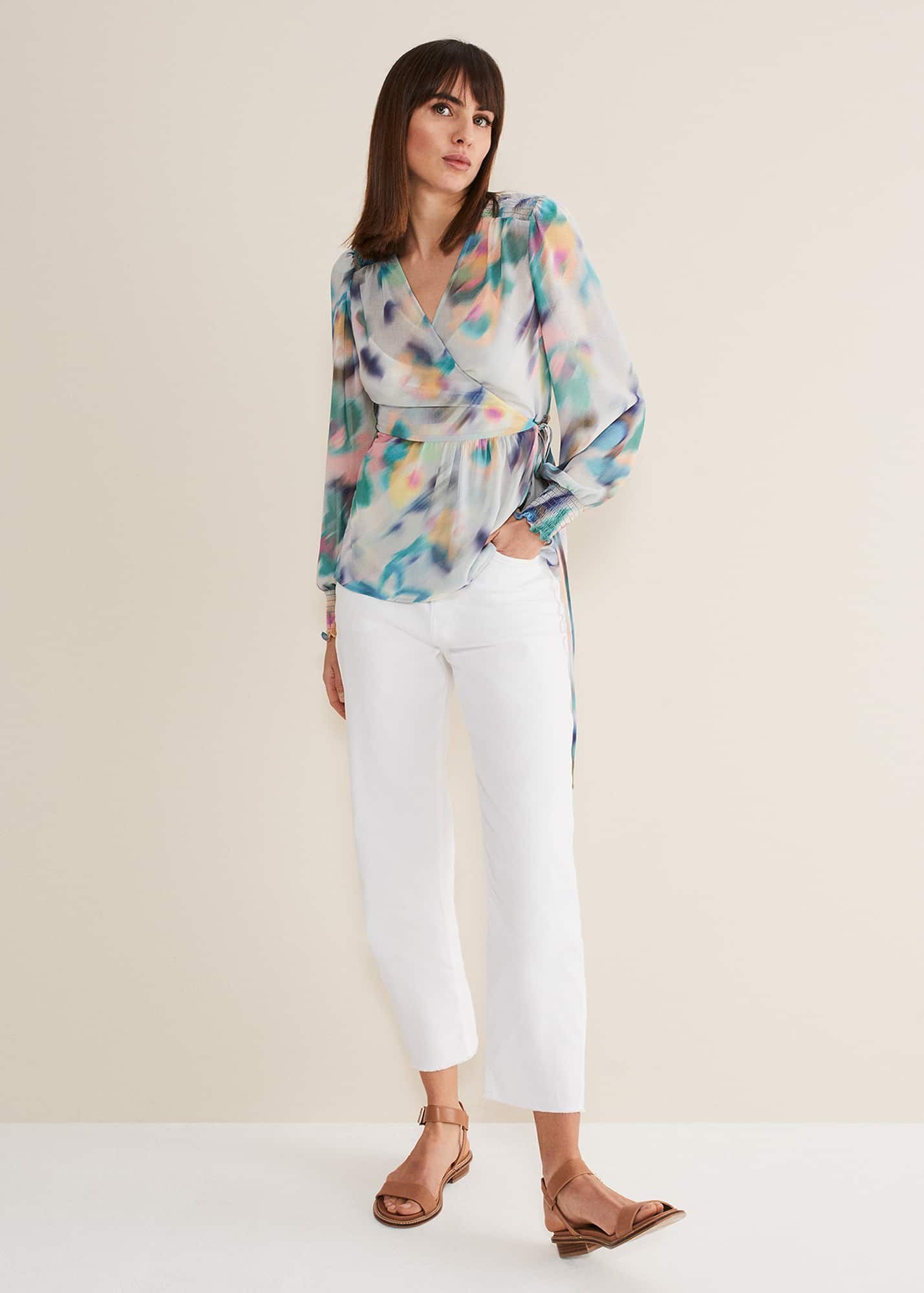 Multi-coloured wrap around blouse