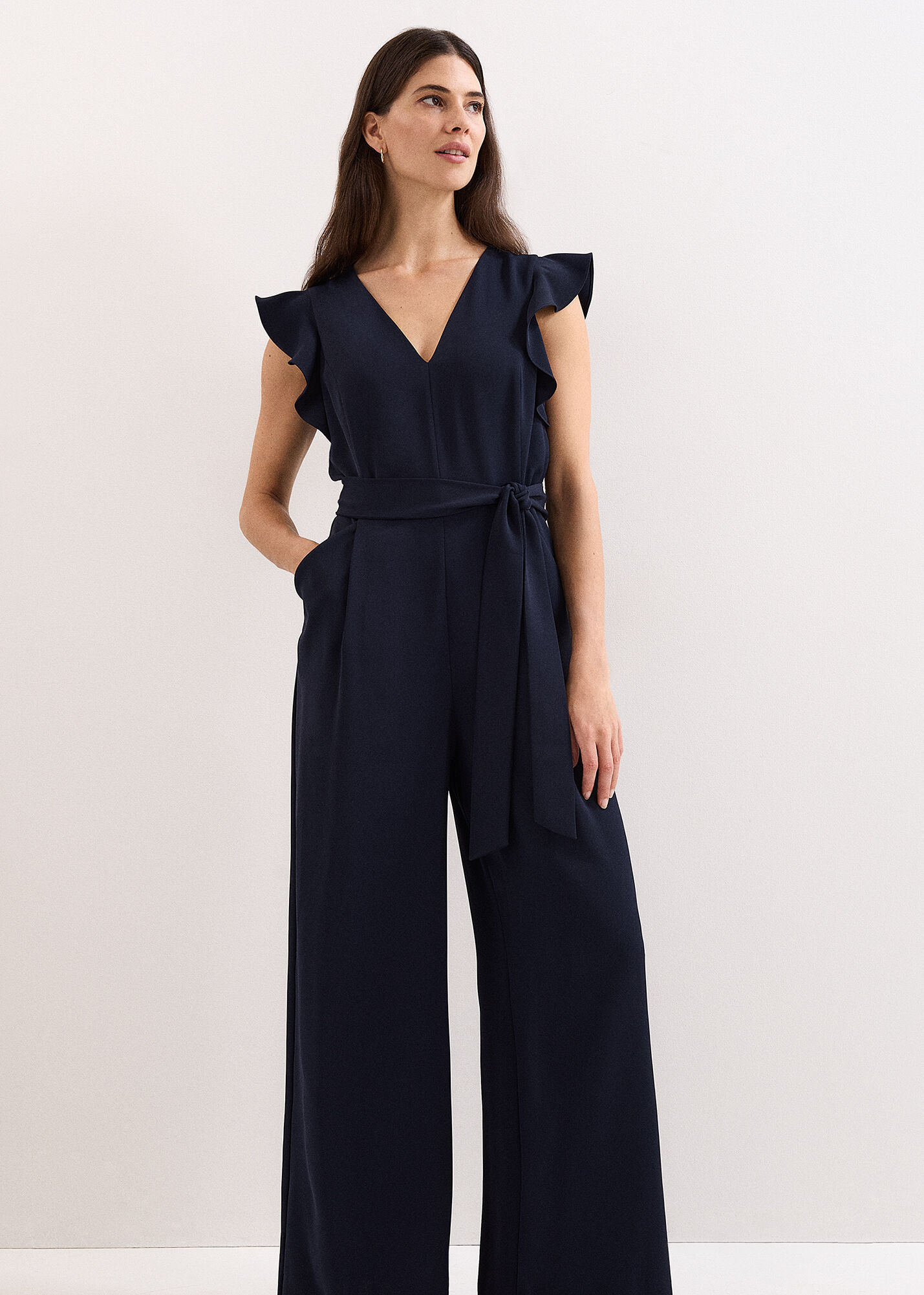 V-Neck Wide Leg Jumpsuit with Frill Sleeves in Dark Navy | Phase