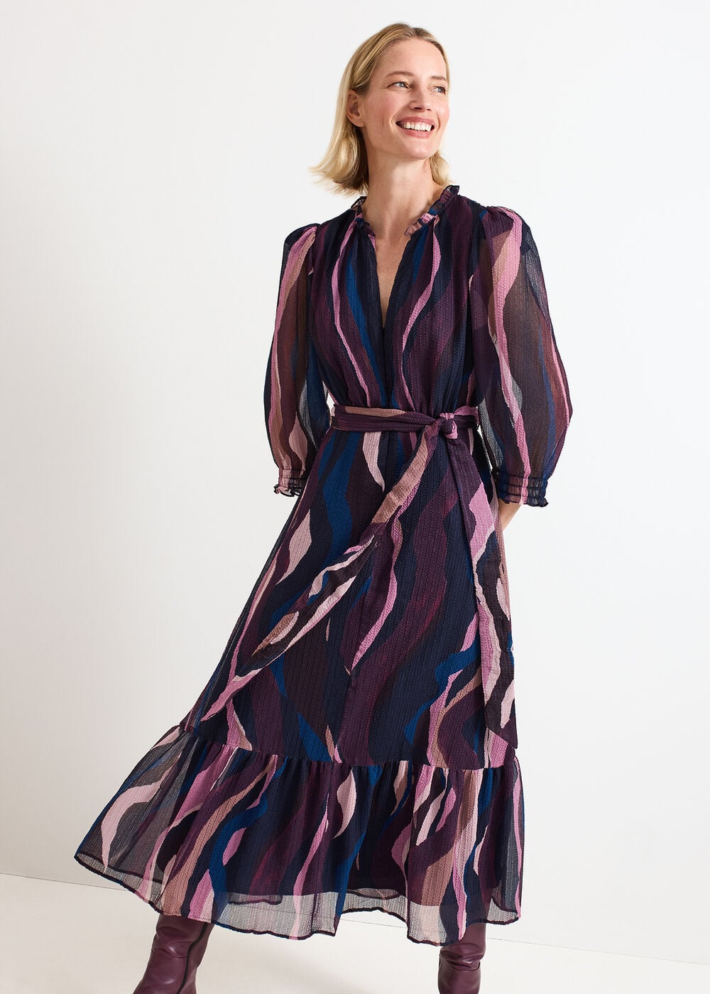 Carra Swirl Puff Sleeve Midi Dress