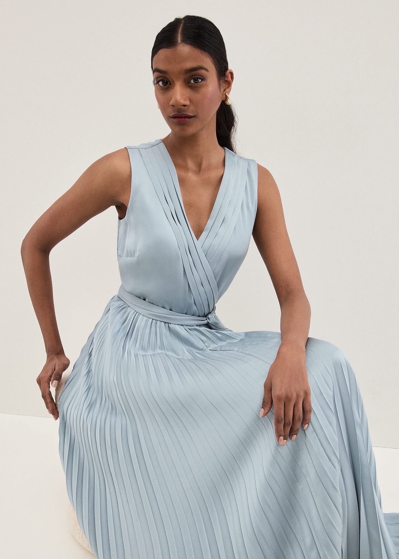 Bonnie Pleated Wrap Satin Maxi Dress