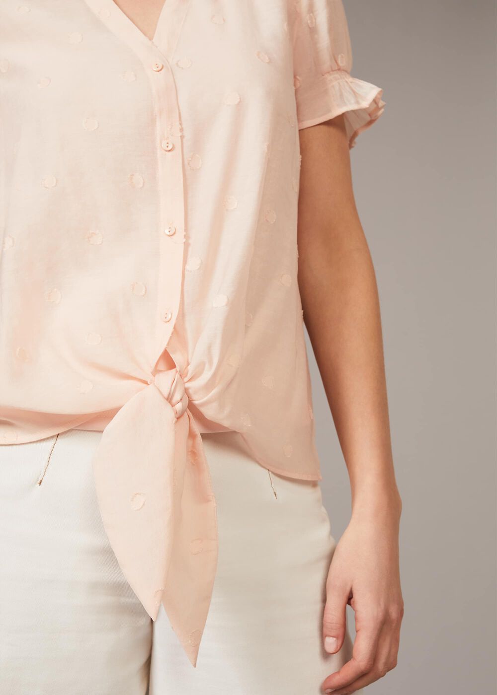 Spot Jacquard Tie Waist Blouse