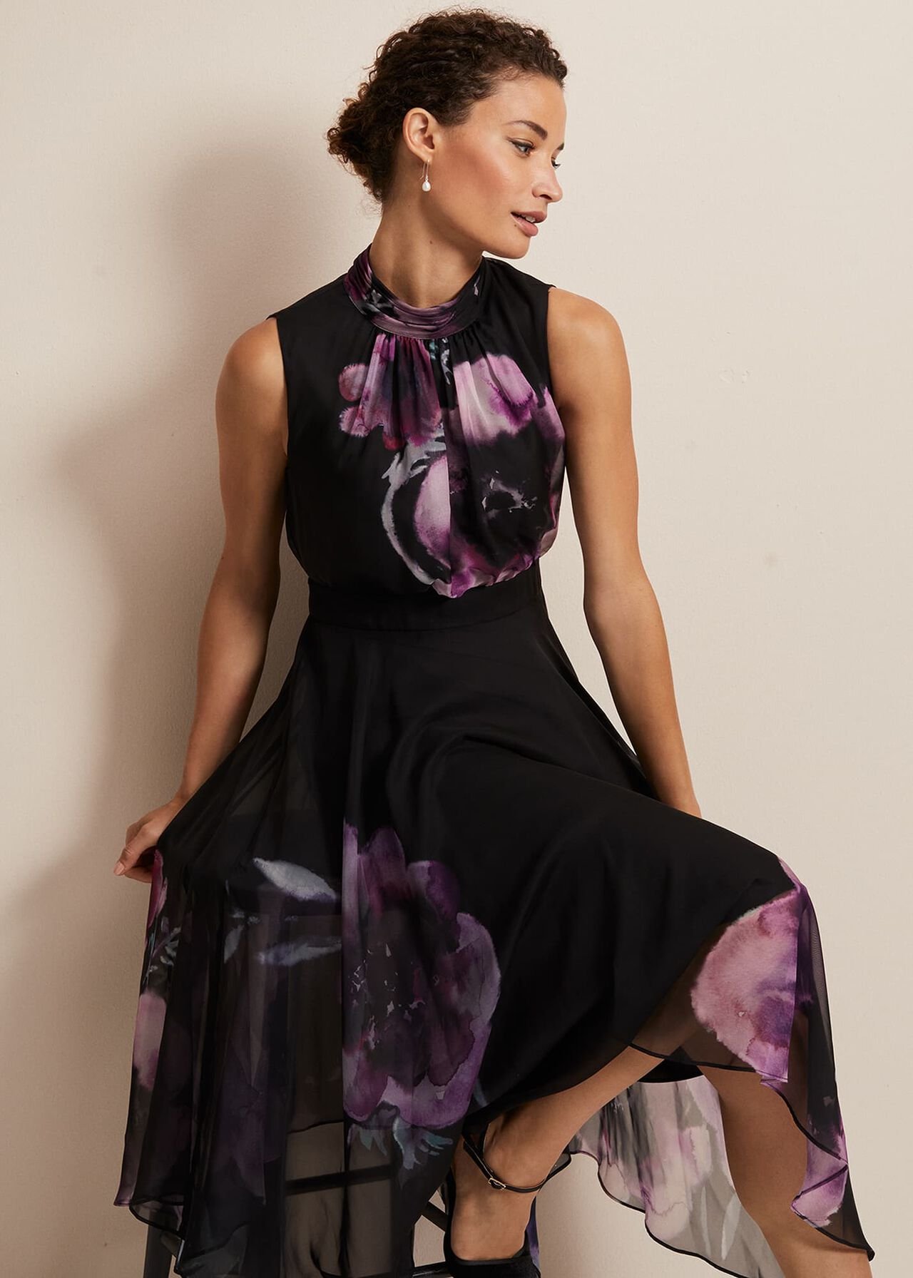 Purple Floral Chiffon Midi Dress With High Neck | Phase Eight
