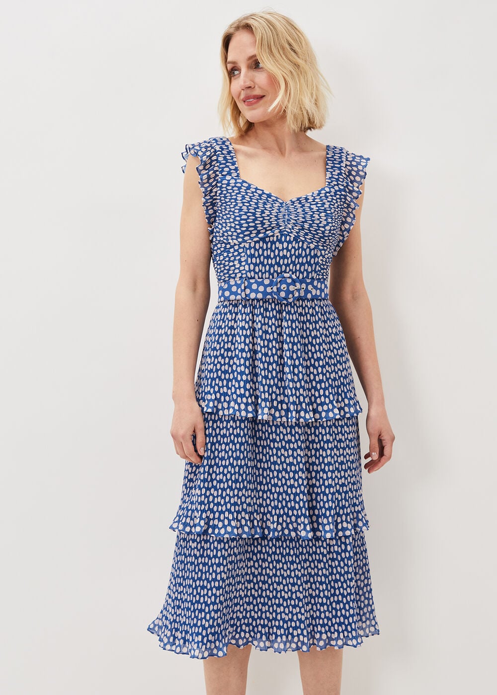 Lisha Spot Pleated Tiered Midi Dress