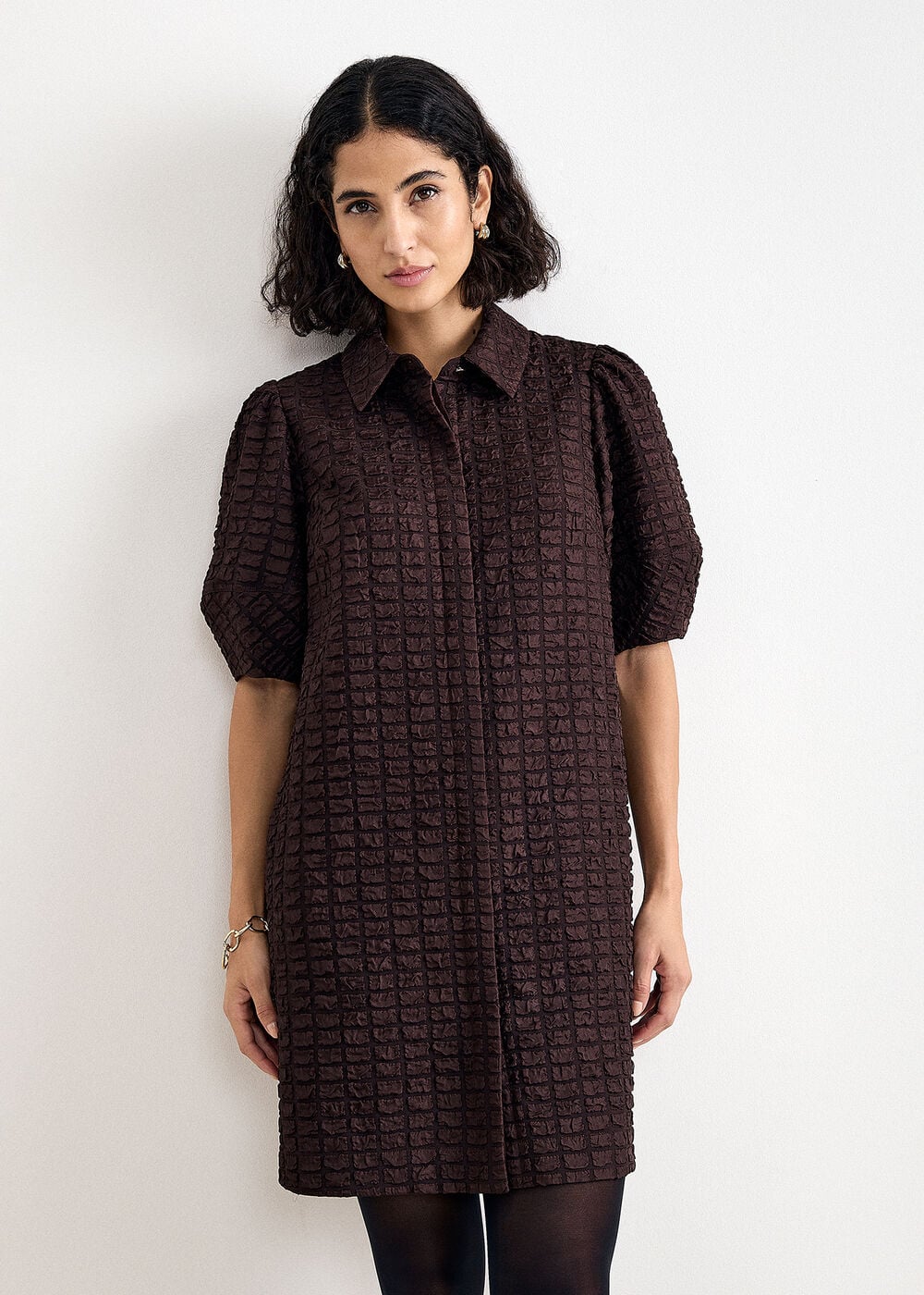 Yasmine Textured Puff Sleeves Mini Dress