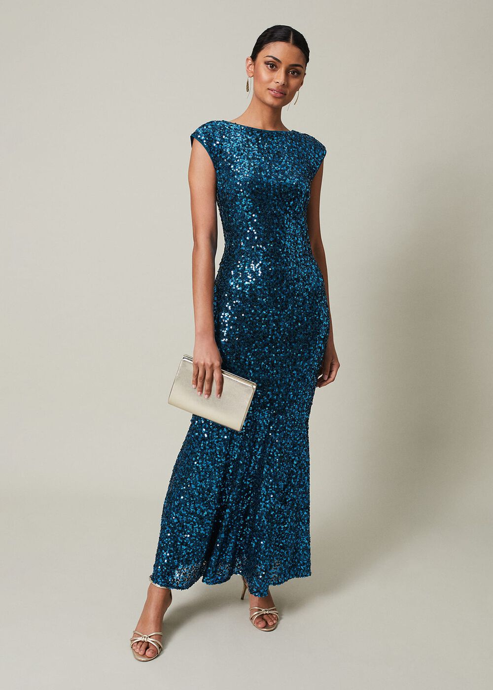blue sequin dress maxi Blue Sequin Maxi Dress with Cutout and Back Straps – Skirt & Stiletto main image 1