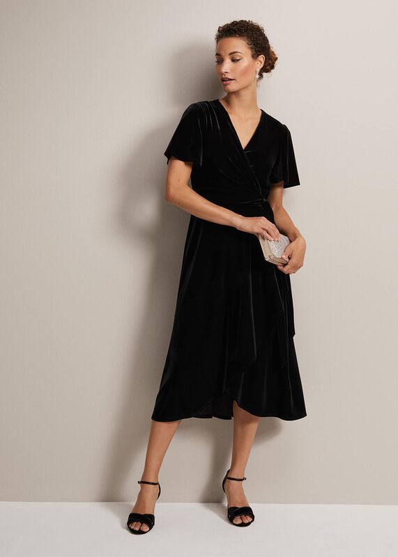 Julissa Velvet Ruffle Wrap Midi Dress