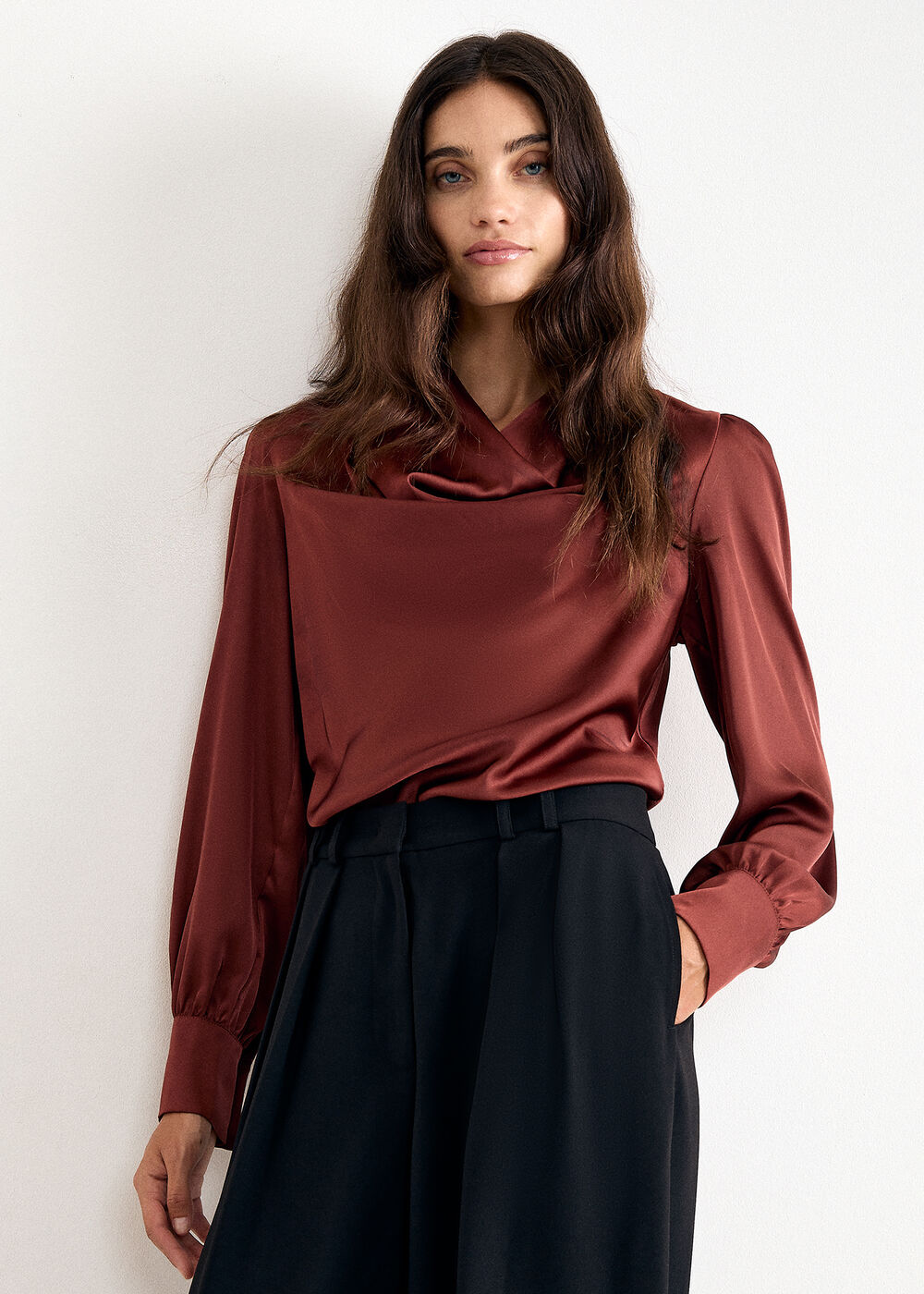 Naomi Cowl Neck Satin Long Sleeve Top