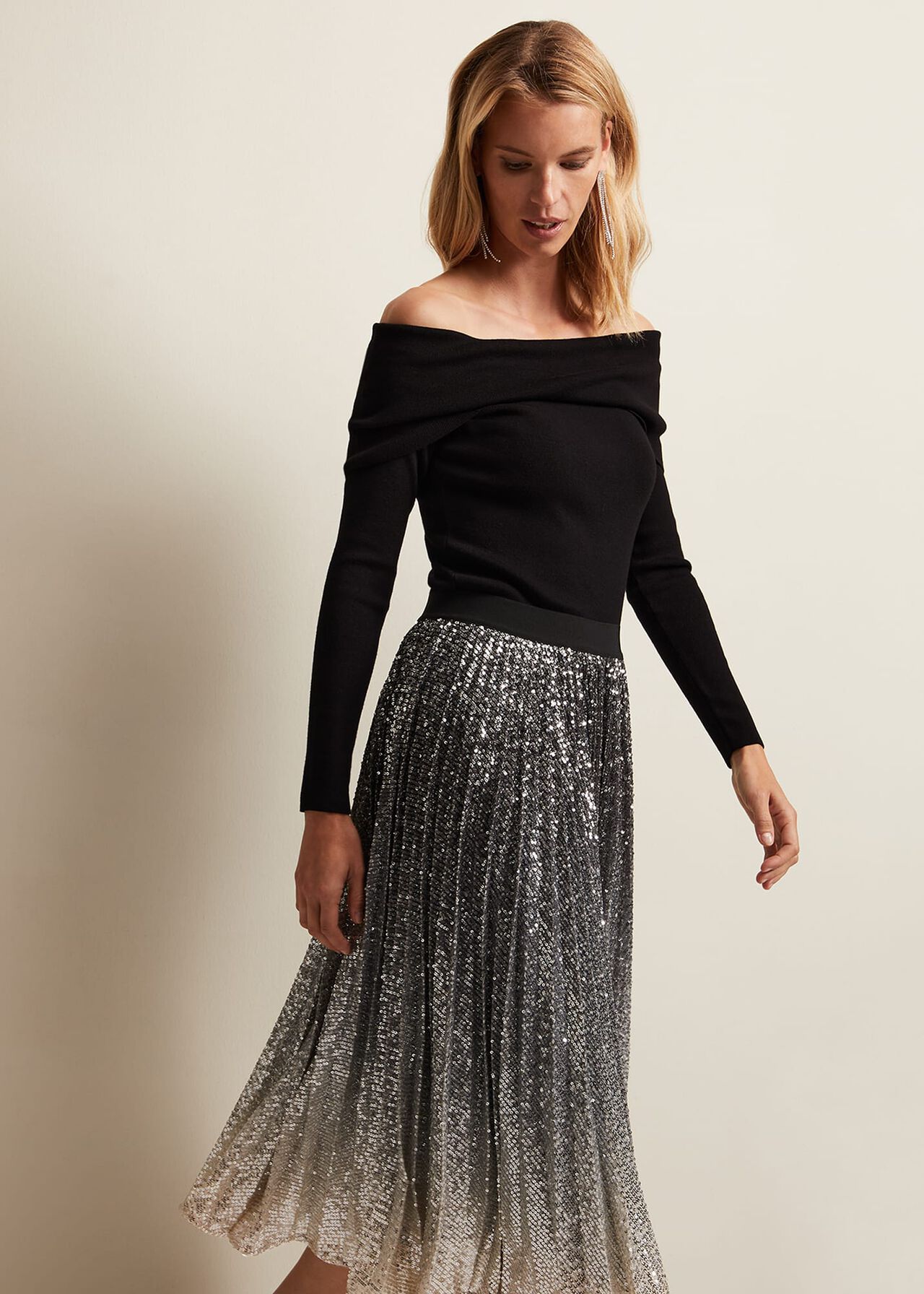 Celeste Sequin Ombre Pleated Midi Skirt