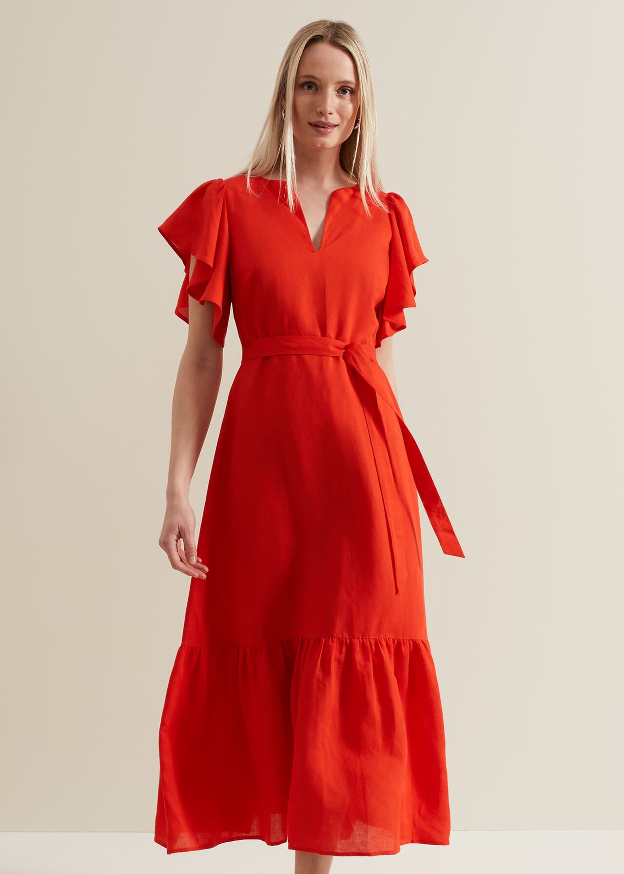 Morgan Red Linen Midi Dress