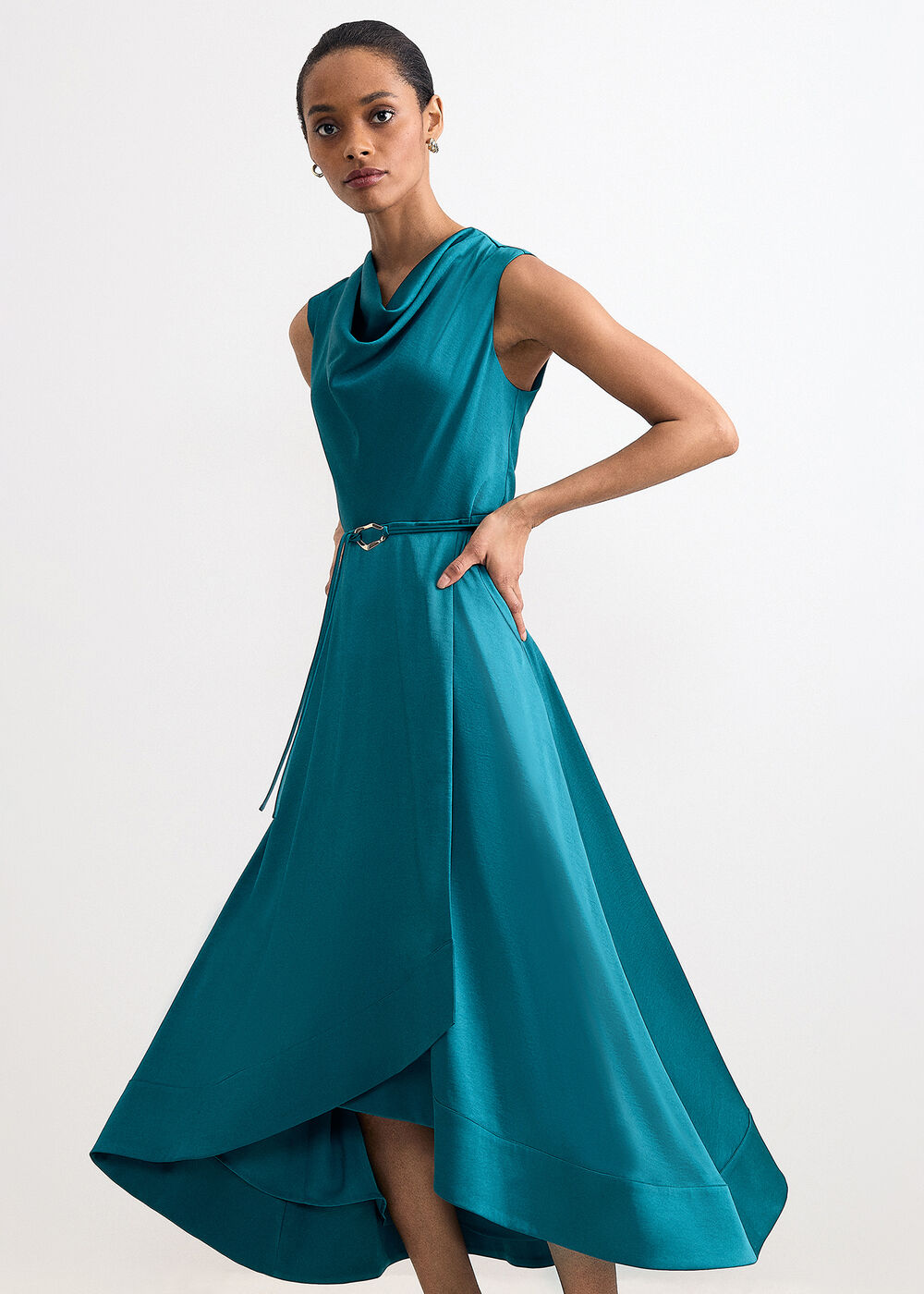 Sabrianna Satin Cowl Neck Midi Dress