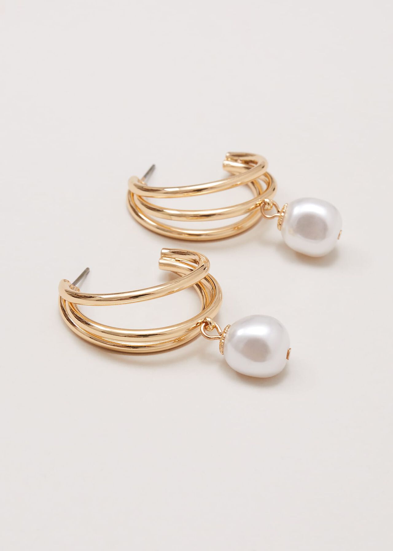 Gold Triple Hoop Pearl Drop Earrings