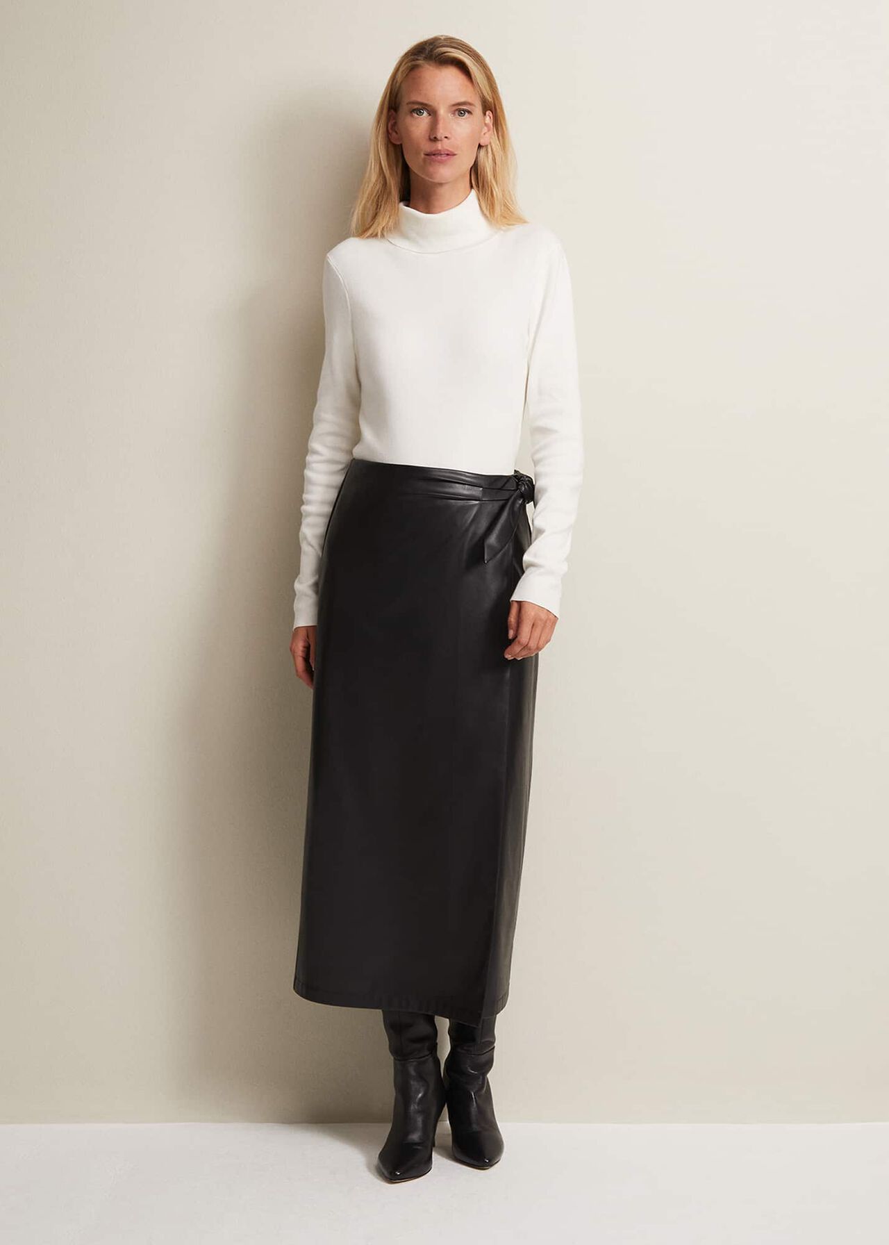 Black Faux Leather Wrap Maxi Skirt with Tie Waist | Phase Eight | Phase ...