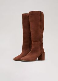 Tan Suede Block Heel Knee Boot