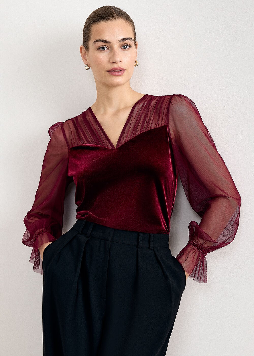 Cindy Velvet and Mesh V-Neck Top