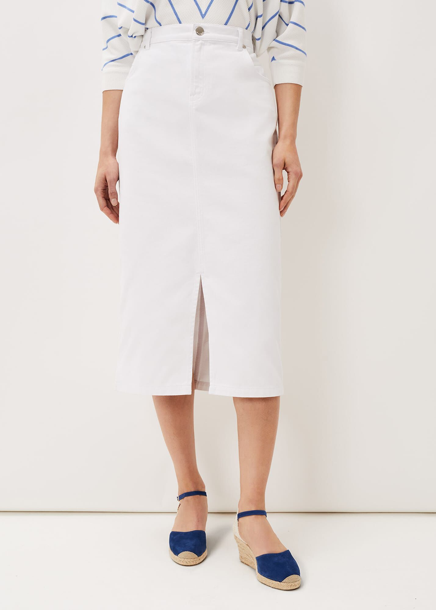 White denim midi online skirt
