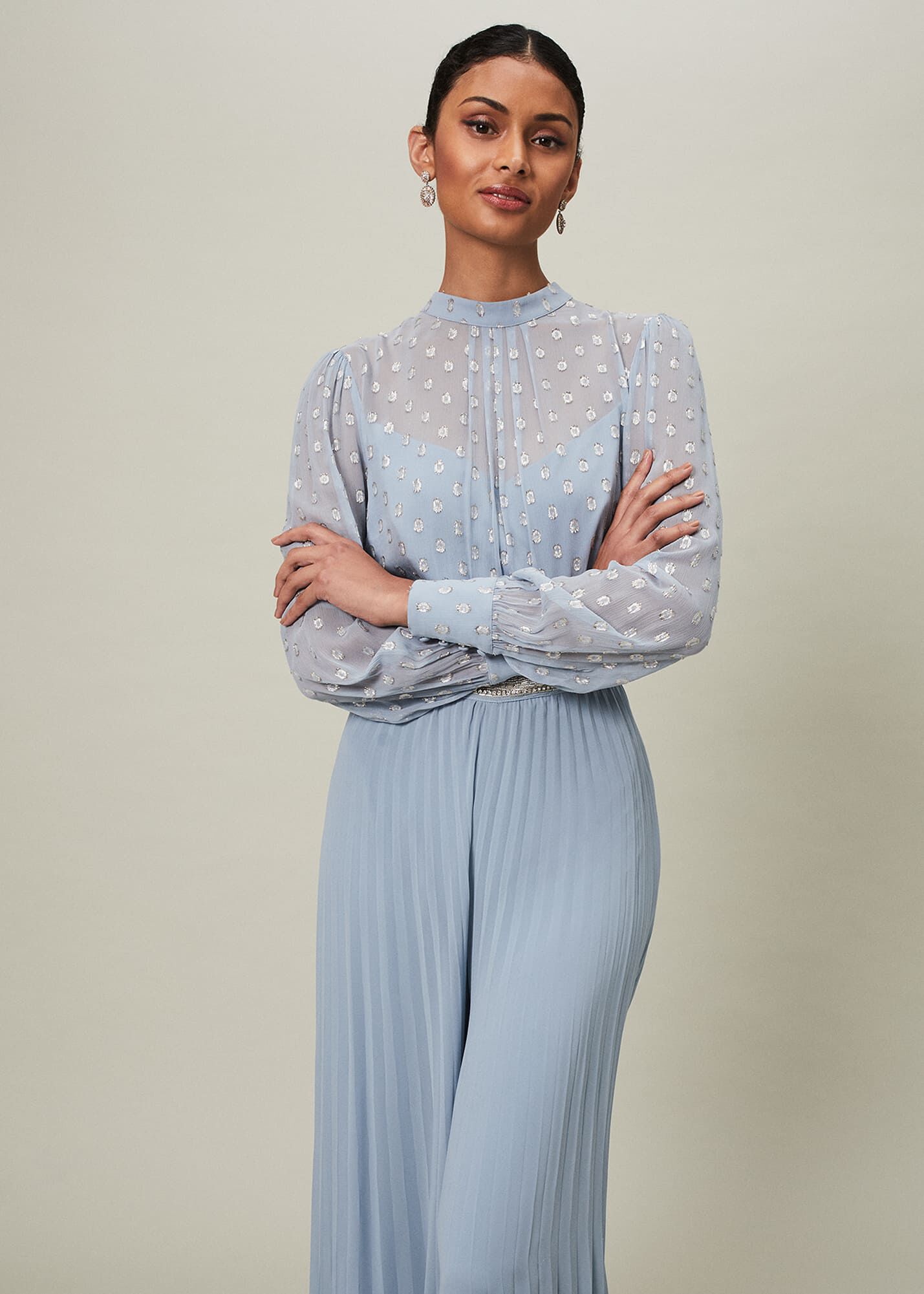 Blue pleated clearance jumpsuit