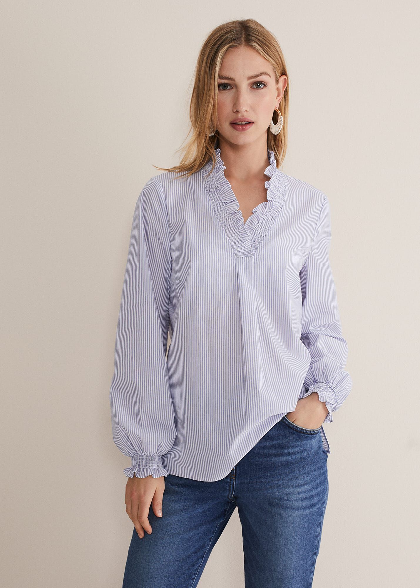 Blue and shop white ruffle top