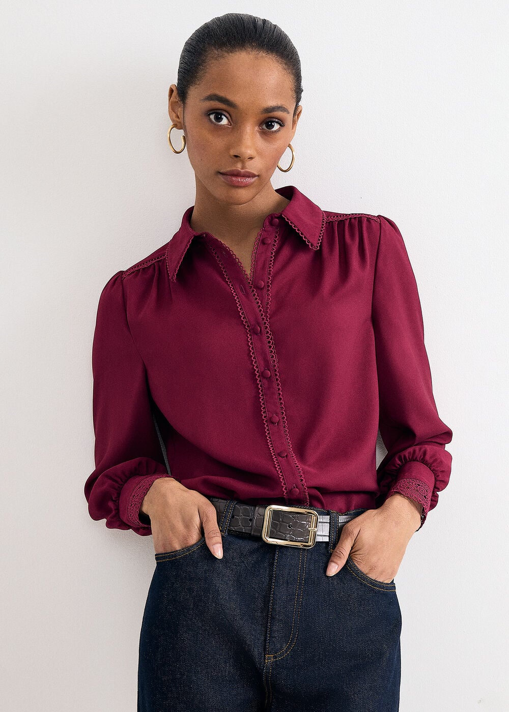Uma Pink Lace Trim Long Sleeve Shirt