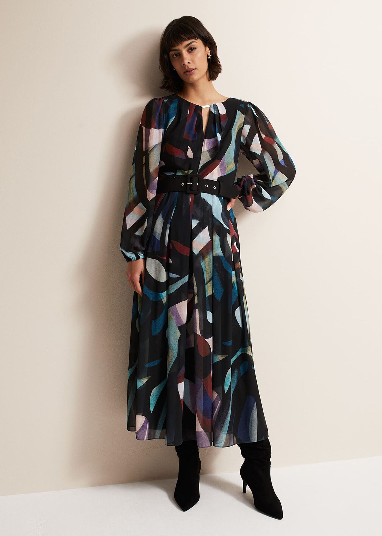 Abstract Printed Maxi Dress With Long Blouson Sleeves | Phase Eight
